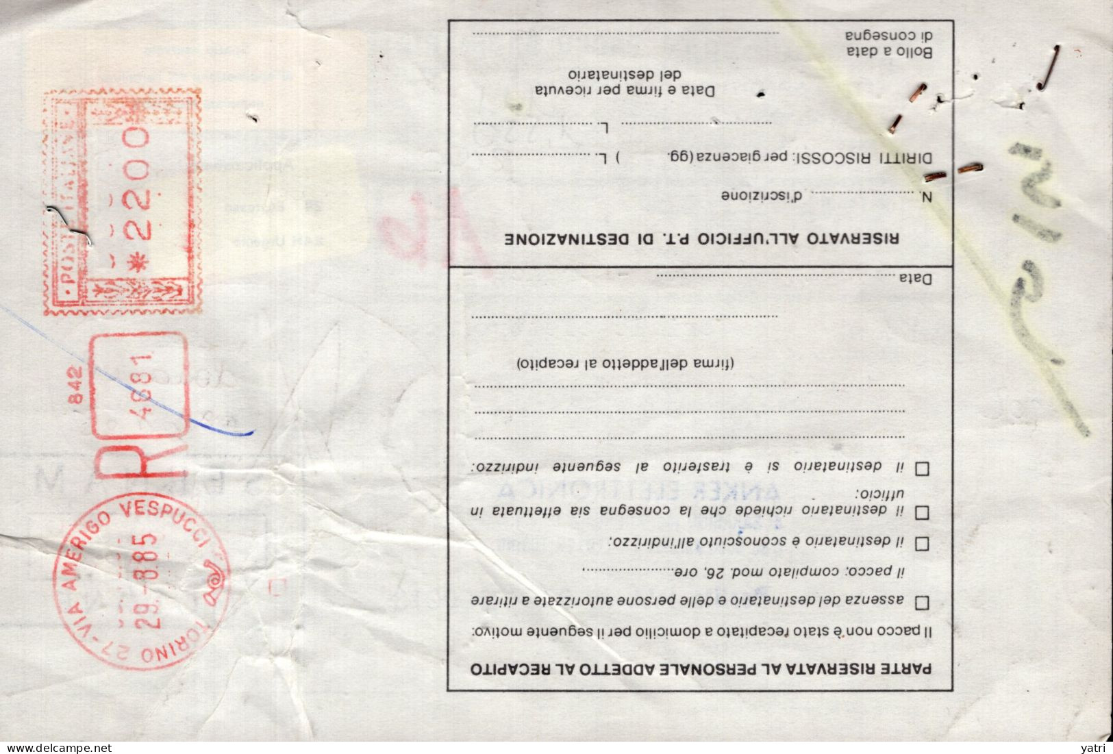 Italia (1985) - Bollettino Pacchi Via Di Superficie Da Torino Per La Francia, Con Affr. Meccanica - Pacchi Postali