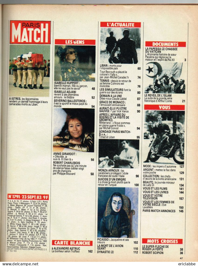 PARIS MATCH N°1791 Du 23 Septembre 1983 Beyrouth - Connors - Grace - Huppert - Algemene Informatie