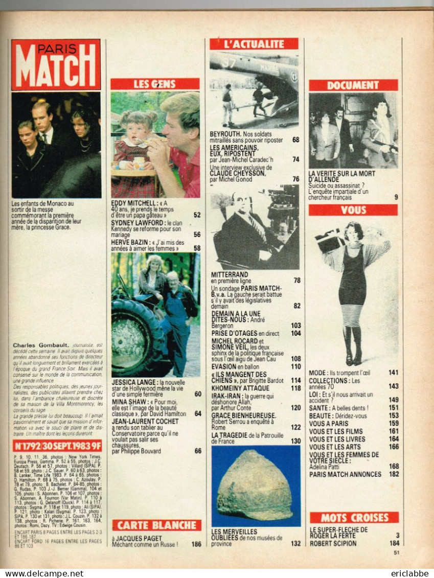 PARIS MATCH N°1792 Du 30 Septembre 1983 Stephanie - Albert Et Caroline De Monaco - Impôts - Beyrouth - Allgemeine Literatur