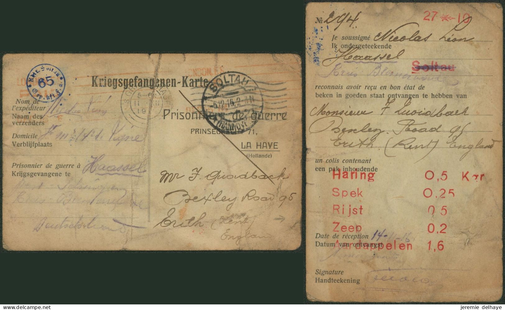WWI - Colis Néerlandais (La Haye, 1916) > Prisonnier De Guerre Britannique à Soltau Réexpédié Vers Kaassel. - Correos De Prisioneros De Guerra