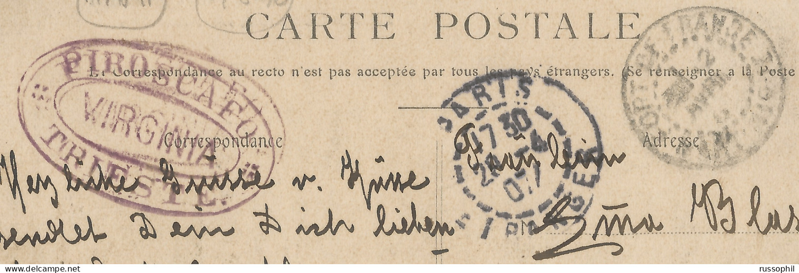 MARTINIQUE - MISDIRECTED PC SENT FROM FORT DE FRANCE TO TRIESTE INSTEAD OF VIENNA -  "PIROSCAFO VIRGINIA" - 1907 - Storia Postale