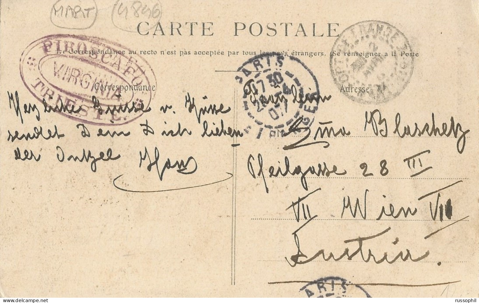 MARTINIQUE - MISDIRECTED PC SENT FROM FORT DE FRANCE TO TRIESTE INSTEAD OF VIENNA -  "PIROSCAFO VIRGINIA" - 1907 - Lettres & Documents