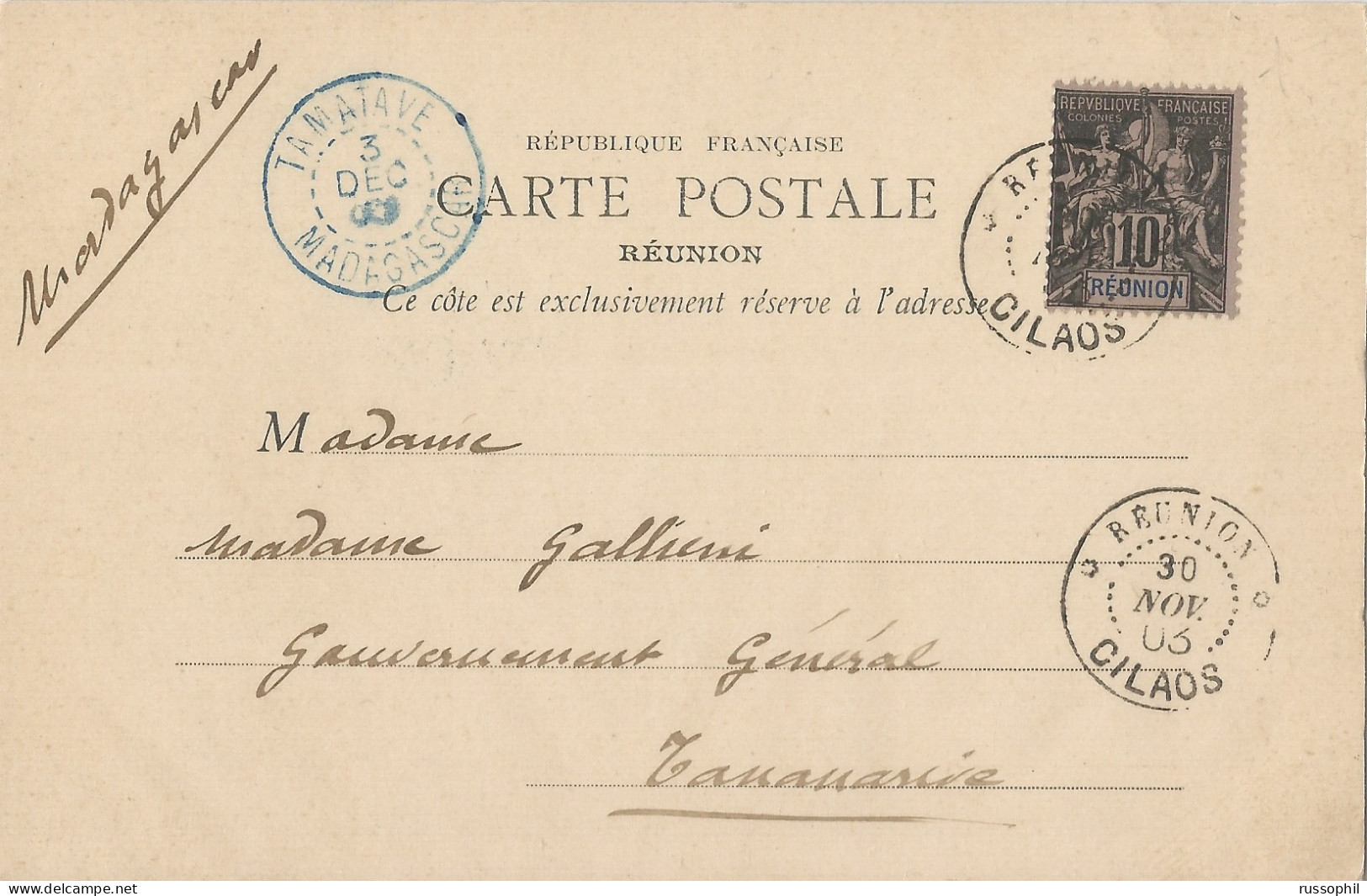 REUNION - FRANKED PC FROM CILAOS TO MADAGASCAR - VERY CLEAR CANCELLATIONS - VERY GOOD CONDITION - 1903 - Lettres & Documents