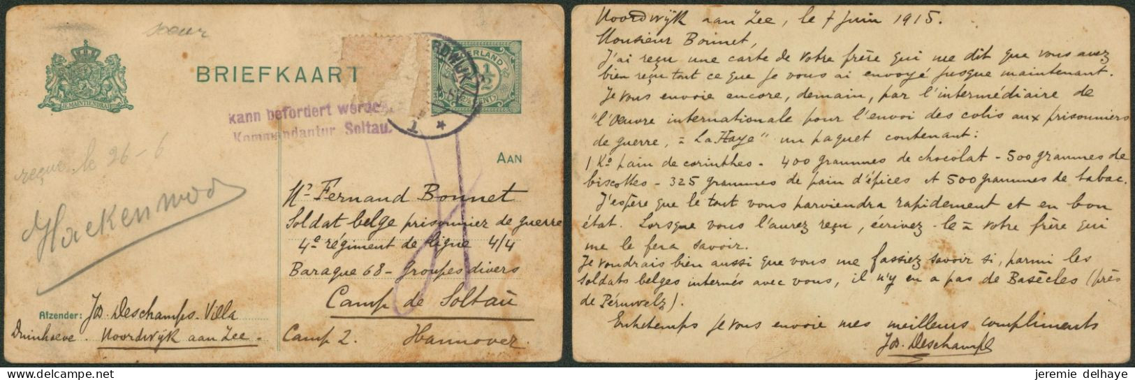 WWI - Entier Néerlandais + Timbre Arraché (Noordwijk 1915) Censure Sur TP Arraché > Prisonnier à Soltau (Soldat Belge) - Prigionieri