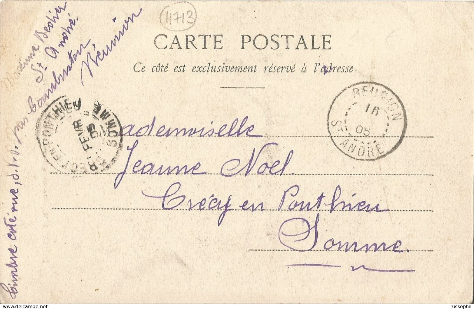 REUNION - FRANKED PC SENT FROM SAINT ANDRE COMBUSTON TO FRANCE - DEPARTURE CDS WITH VARIETY - 1905  - Cartas & Documentos