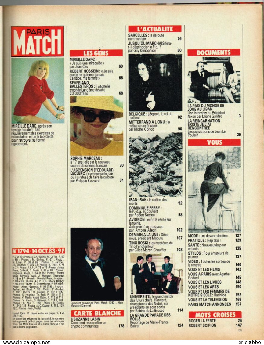 PARIS MATCH N°1794 Du 14 Octobre 1983 Mireille Darc - Leopold De Belgique - Avignon - General Issues