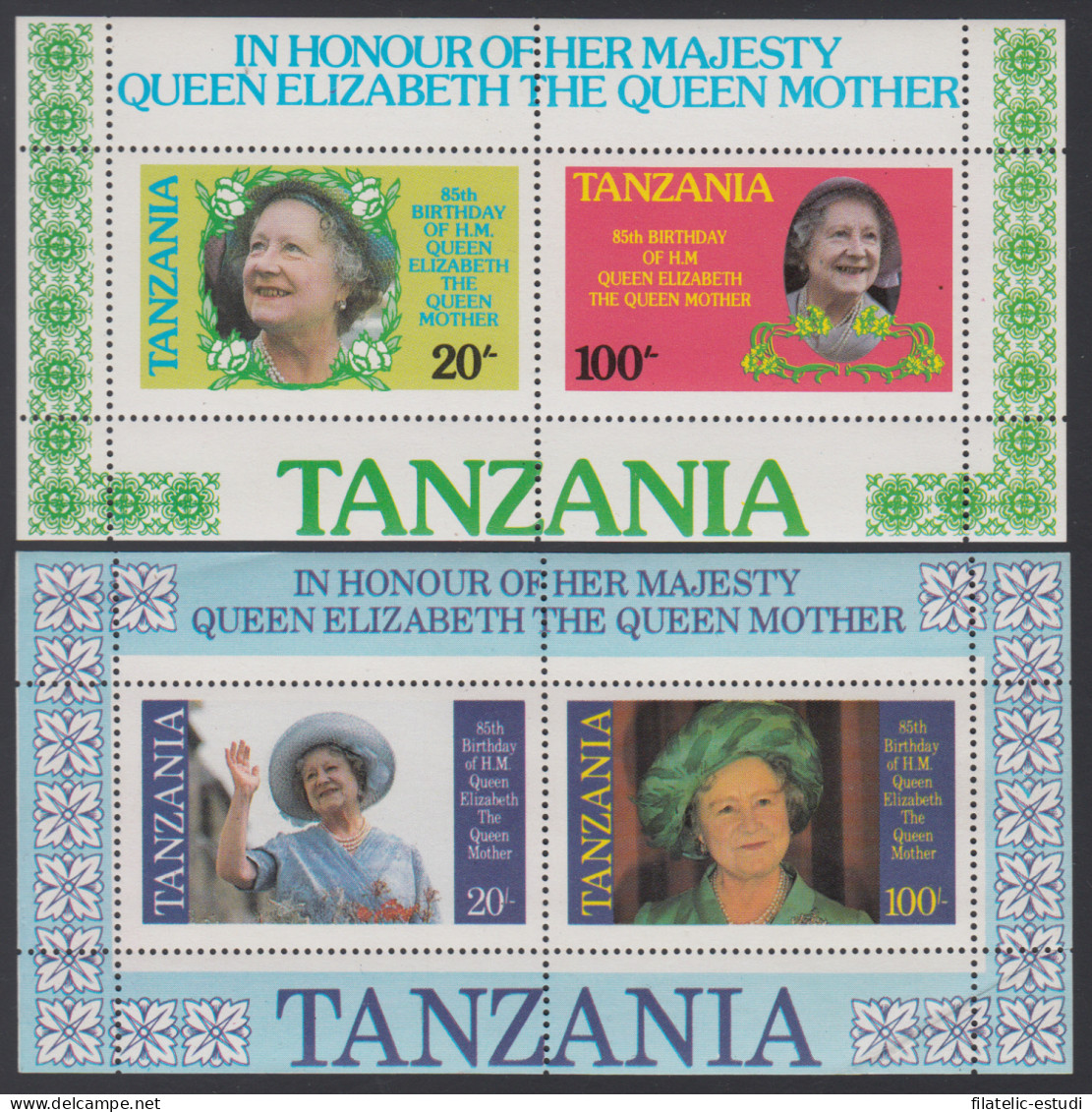 MI1 Tanzania HB 40A/40B 1985 85º Aniv. De La Reina Madre Isabel MNH - Tanzania (1964-...)