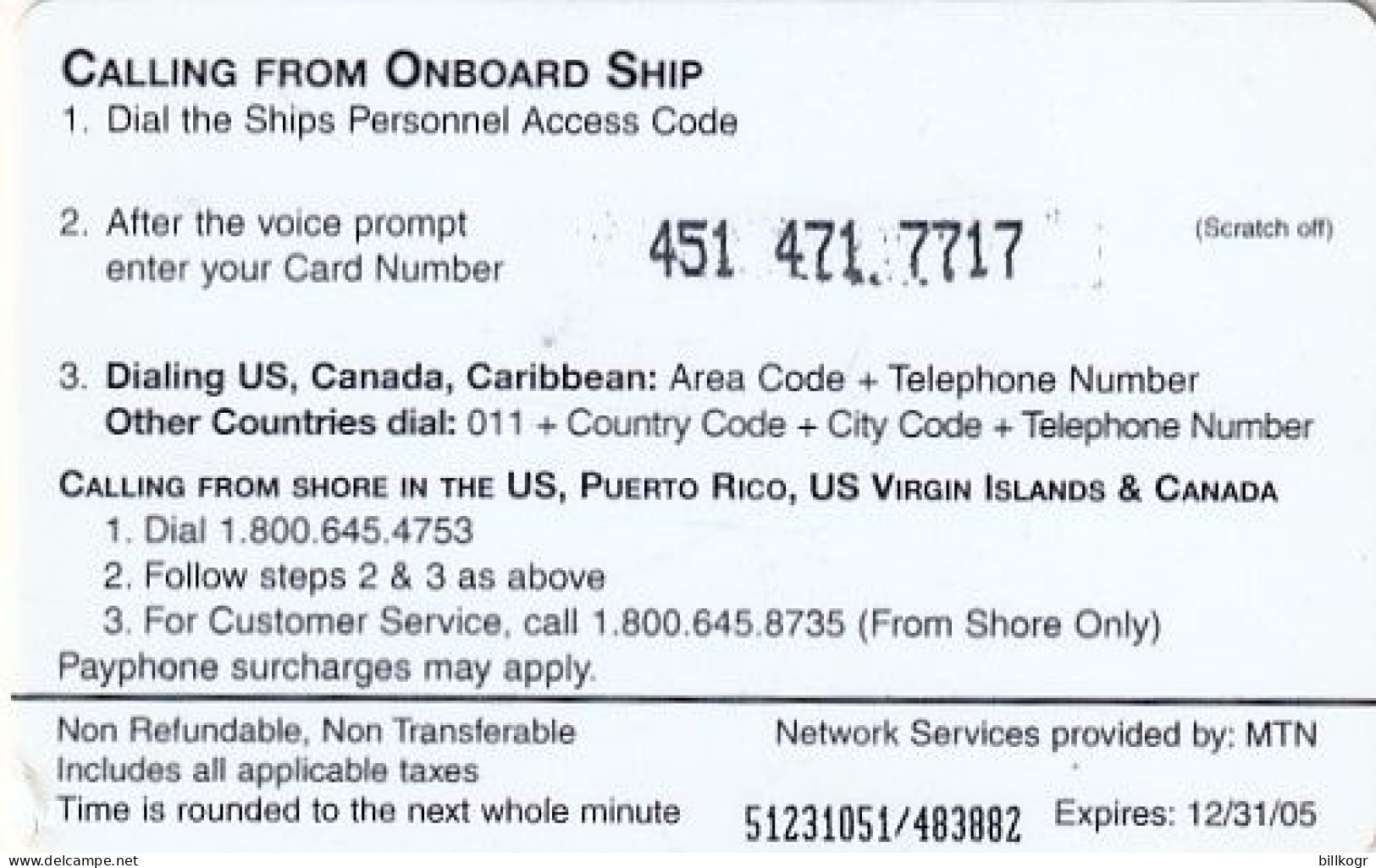 PUERTO RICO - Oceanphone By MTN Satellite Prepaid Card $10, Exp.date 31/12/05, Used - Puerto Rico