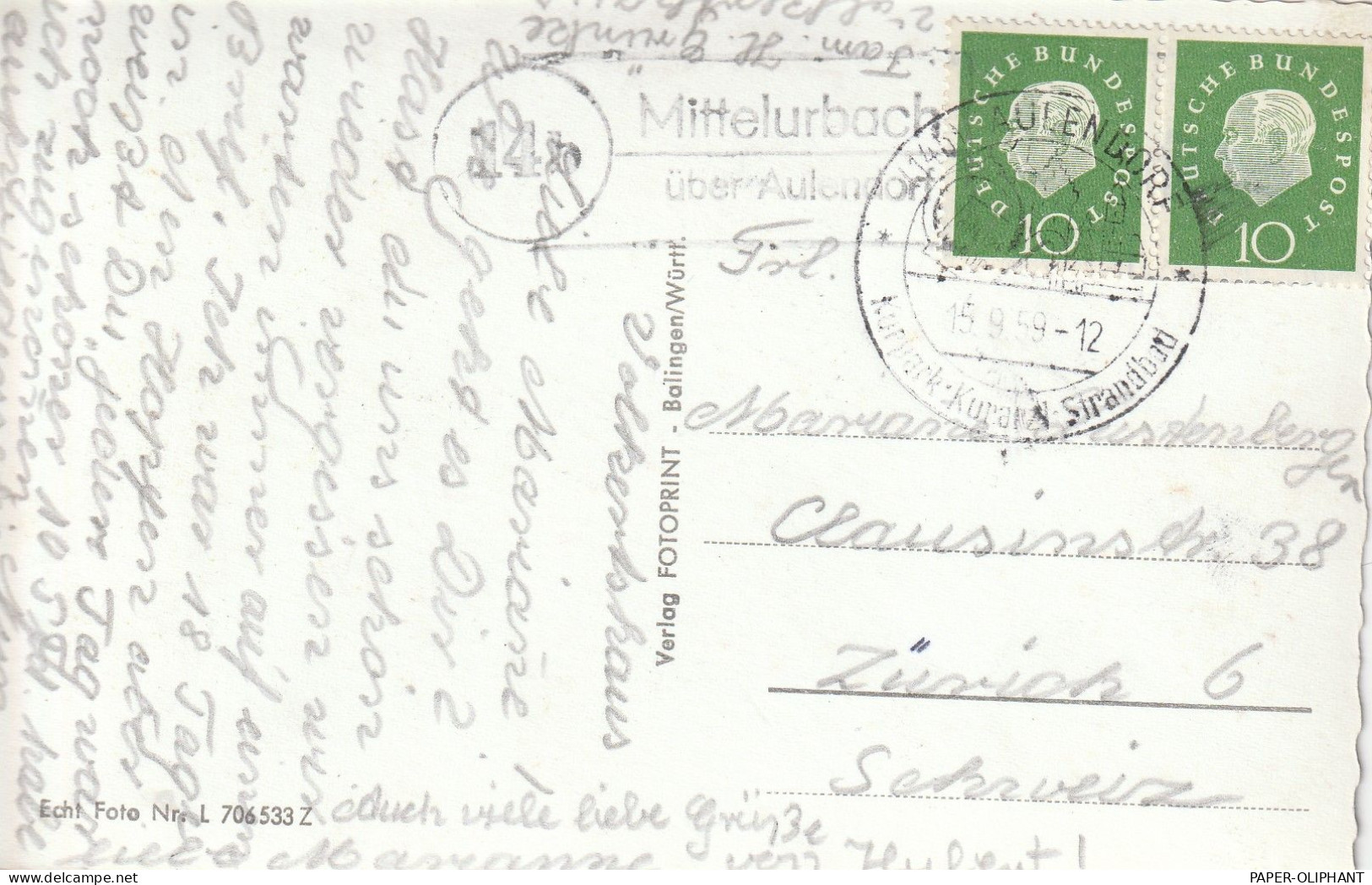 7967 BAD WALDSEE, Heilbad, Landpoststempel "Mittelurbach über Aulendorf", 1959 - Bad Waldsee