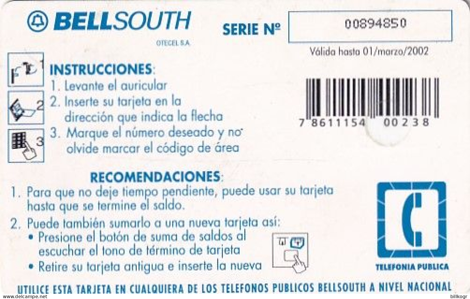 ECUADOR - Bellsouth Cardphone, Exp.date 01/03/02, Used - Ecuador