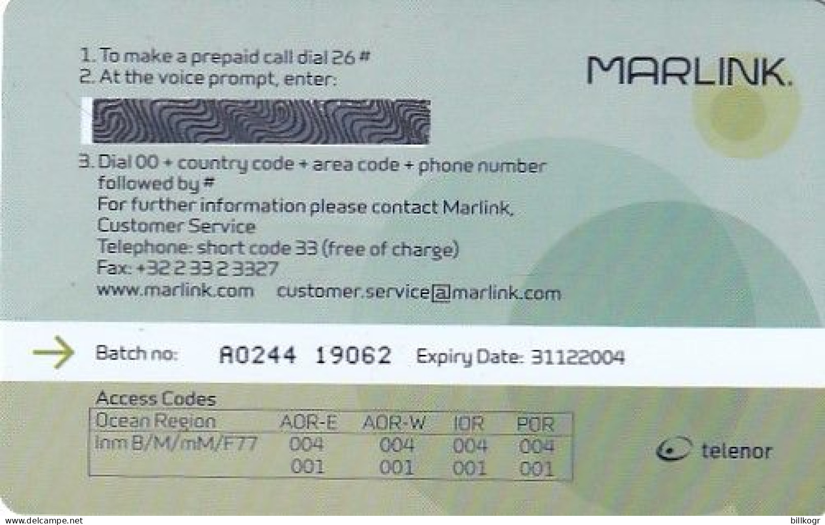 NORWAY - Marlink/Telenor Satellite Prepaid Calling Card 300 Units, Exp.date 31/12/04, Mint - Norway