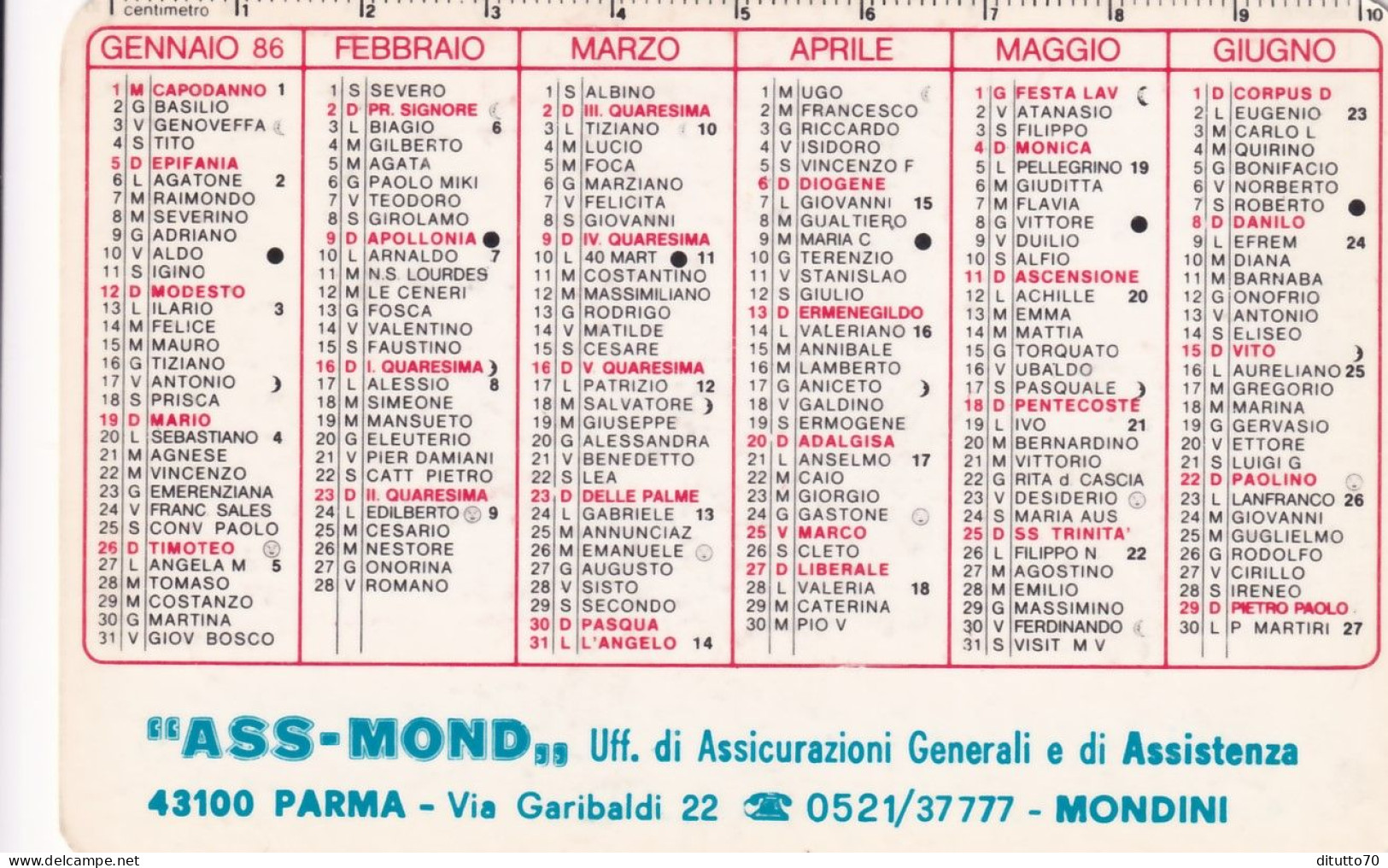 Calendarietto - Ass. Mond - Assicurazione Generale E Di Assistenza - Mondini - Parma - Anno 1986 - Small : 1981-90