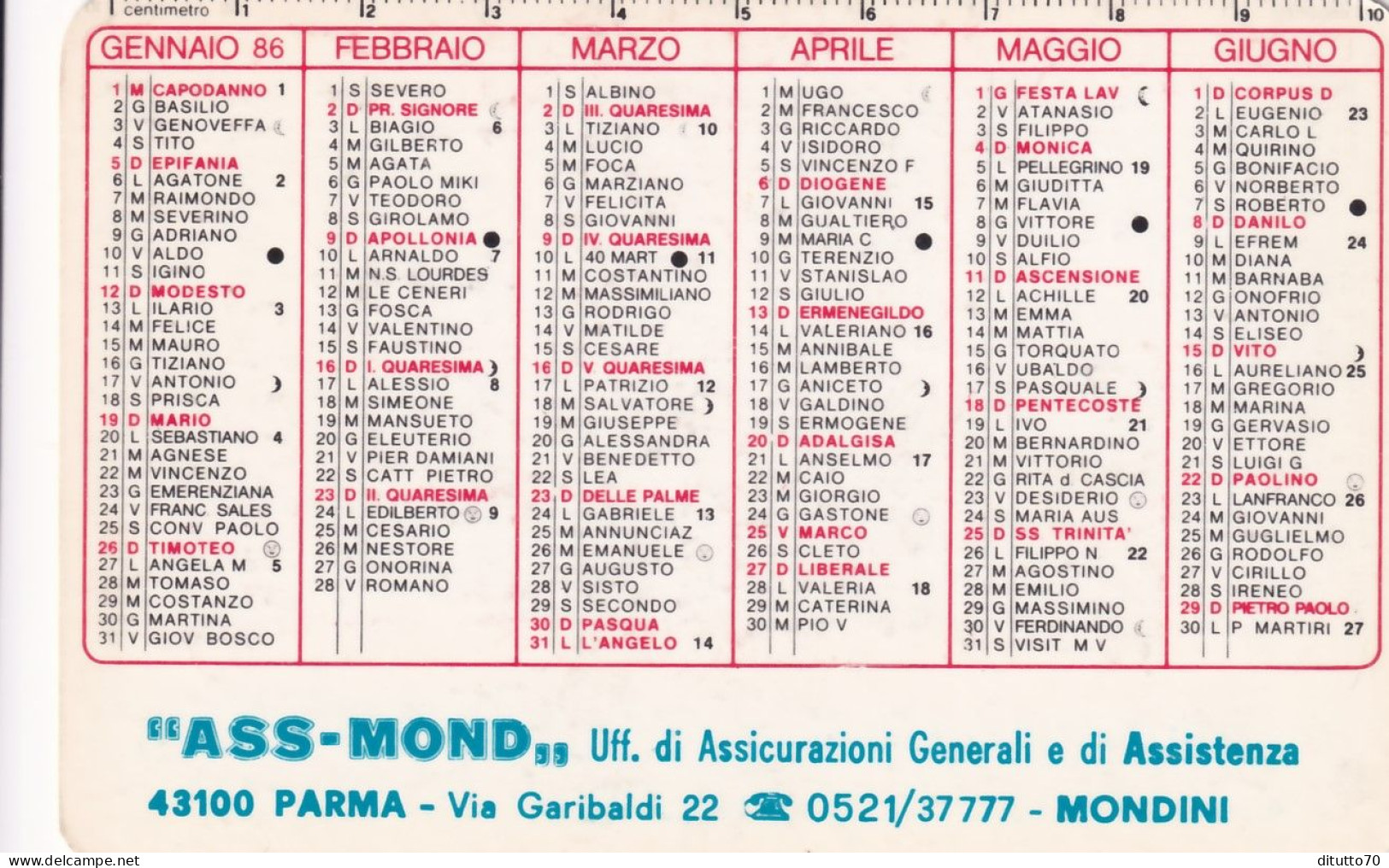 Calendarietto - Ass. Mond - Assicurazione Generale E Di Assistenza - Mondini - Parma - Anno 1986 - Petit Format : 1981-90