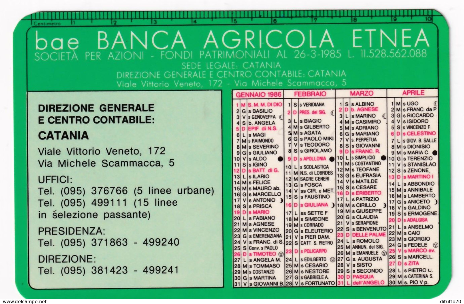 Calendarietto - BAE - Banca Agricola Etnea - Catania - Anno 1986 - Petit Format : 1981-90