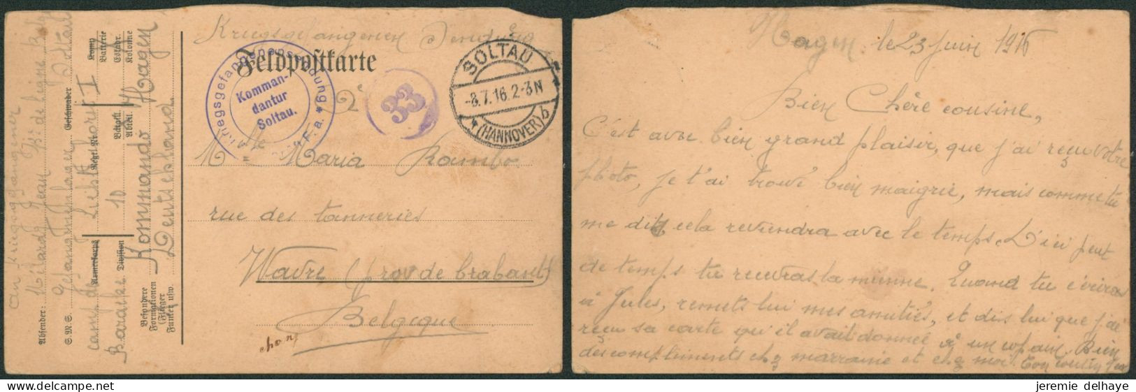 Camp De Soltau - Feldpostkarte Expédié Du Camp + Censure (Kommandantur) & Chiffre "33" > Wavre - Kriegsgefangenschaft
