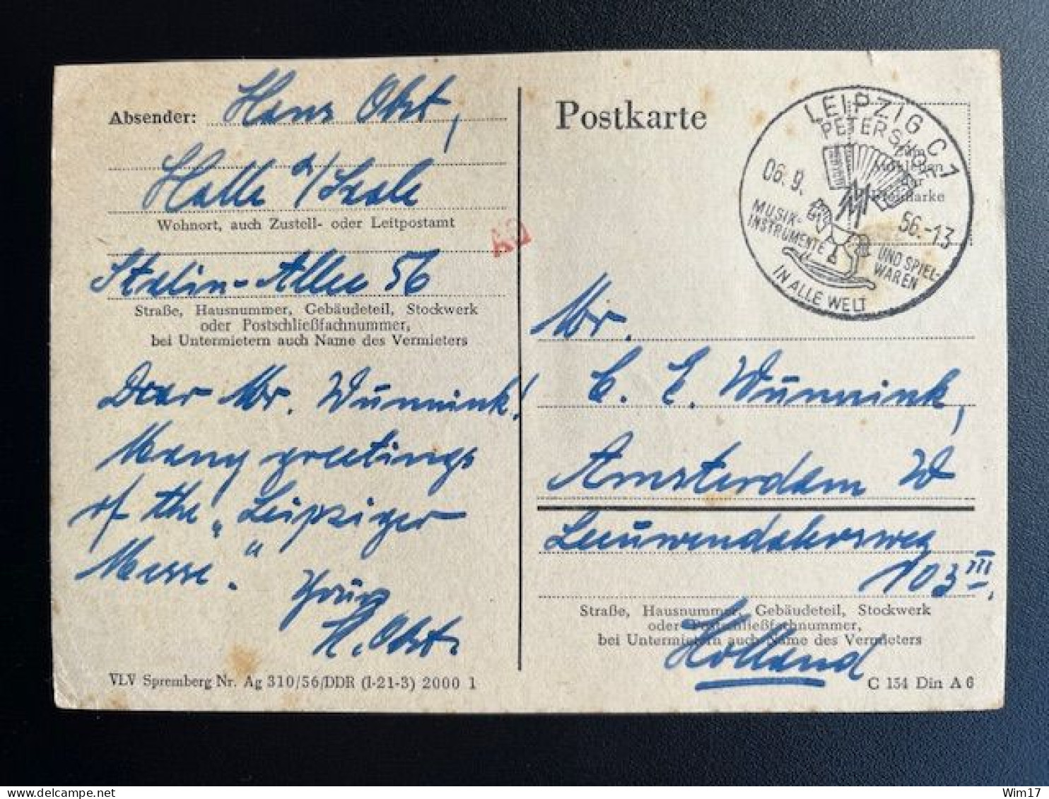 EAST GERMANY DDR 1956 POSTCARD LEIPZIG TO AMSTERDAM 06-09-1956 OOST DUITSLAND DEUTSCHLAND LEIPZIGER MESSE - Cartes Postales - Oblitérées