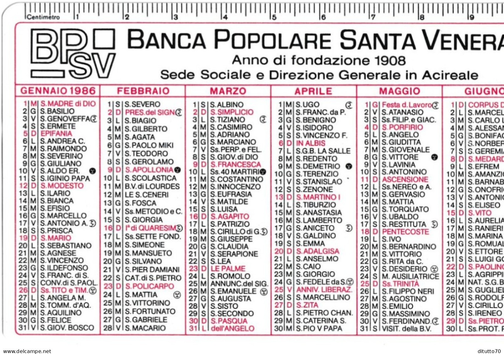 Calendarietto - Banca Popolare Santa Venera - Acireale - Anno 1986 - Petit Format : 1981-90