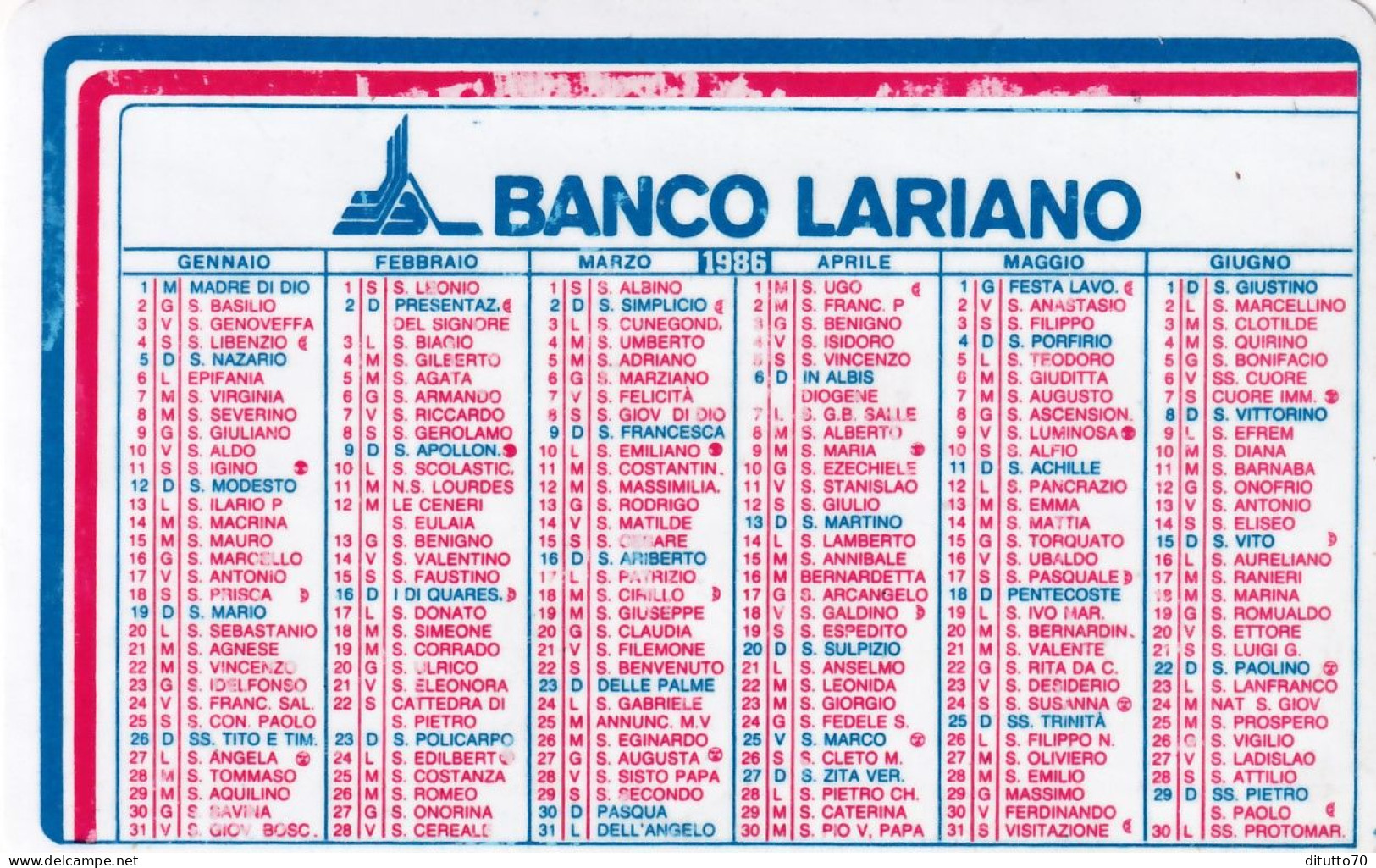 Calendarietto - Banco Lariano - Anno 1986 - Petit Format : 1981-90