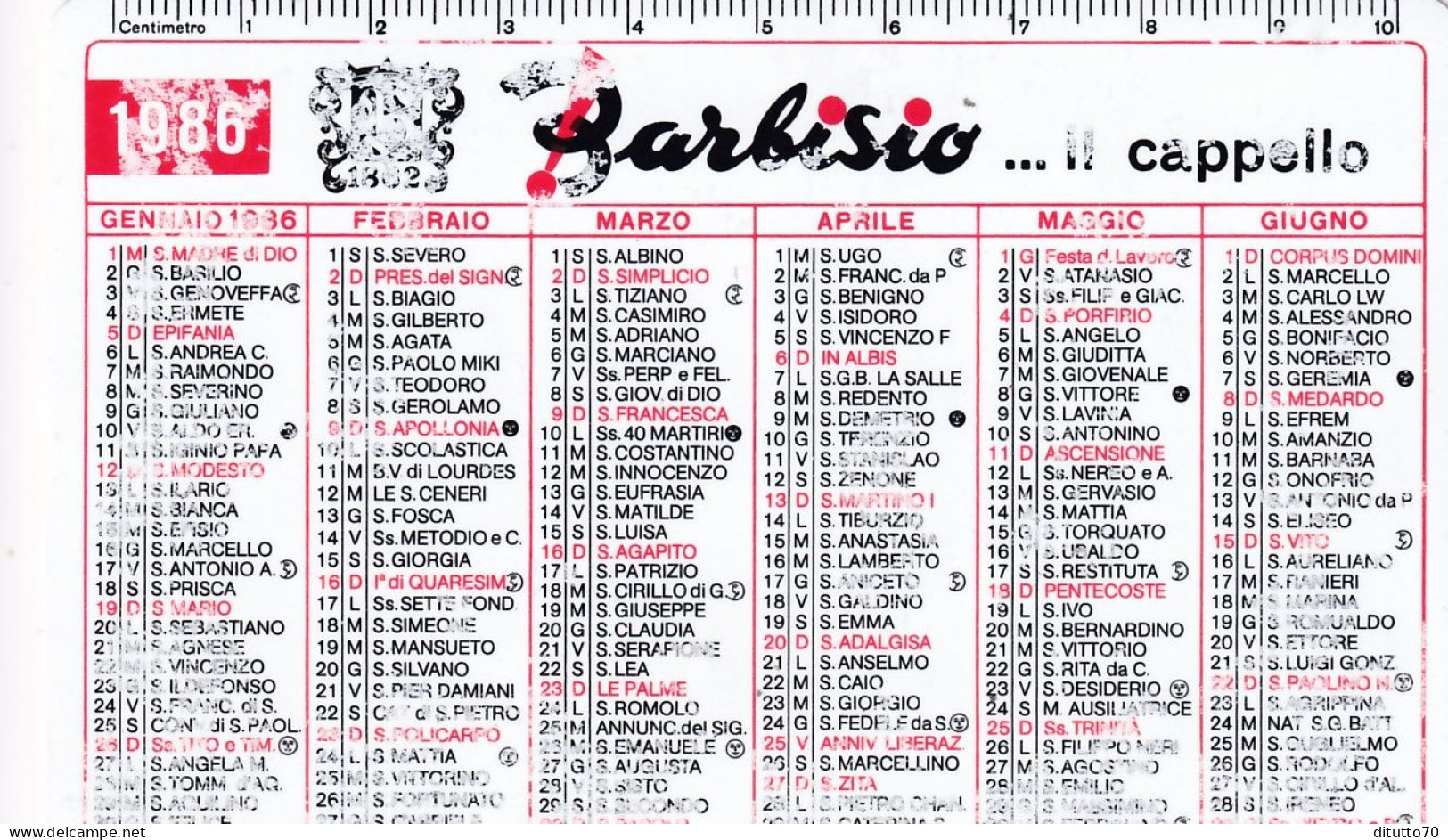 Calendarietto - Barbisio Il Cappello - Anno 1986 - Petit Format : 1981-90