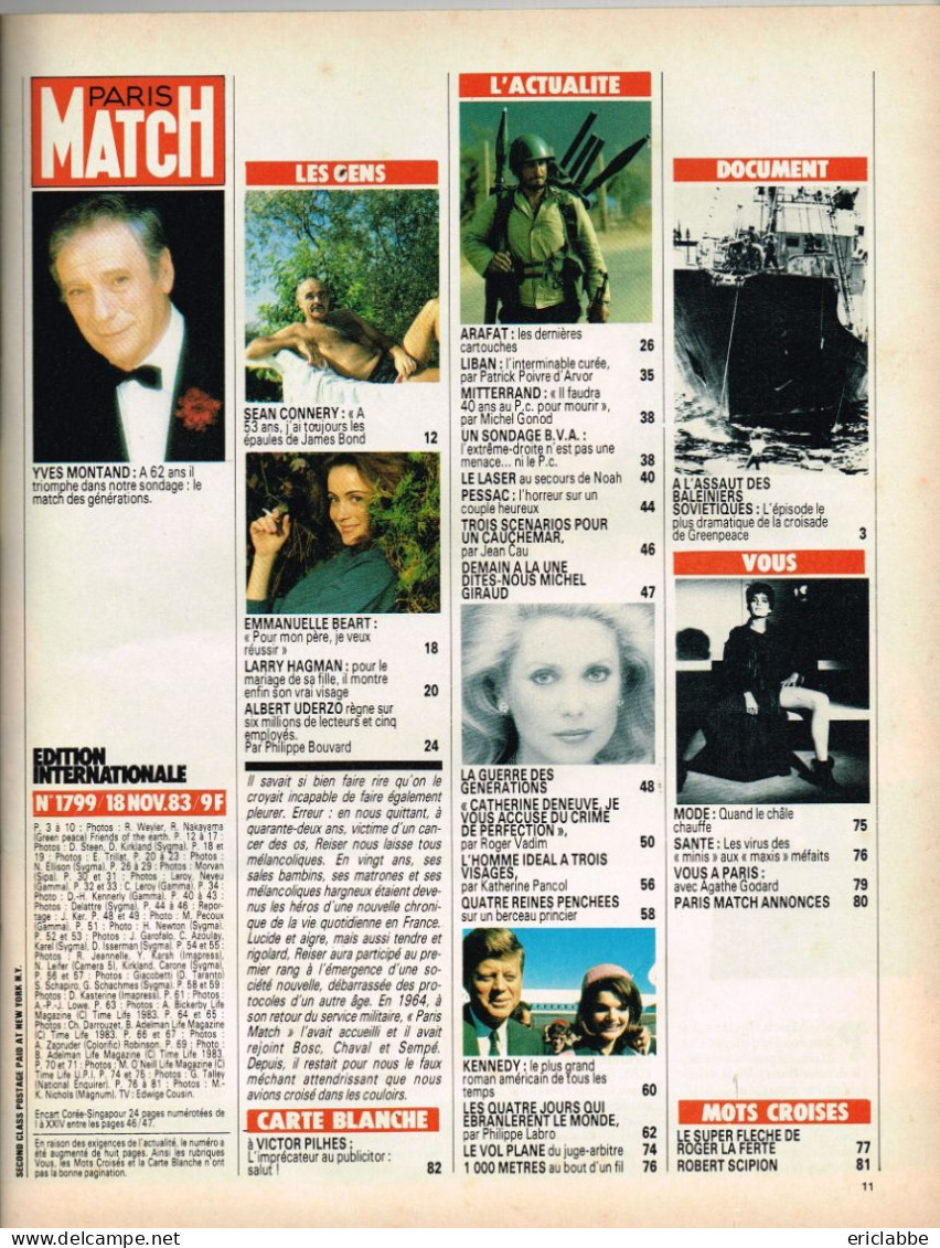 PARIS MATCH N°1799 Du 18 Novembre 1983 Yves Montand - Arafat - Noah - J.R. - Kennedy - Informations Générales