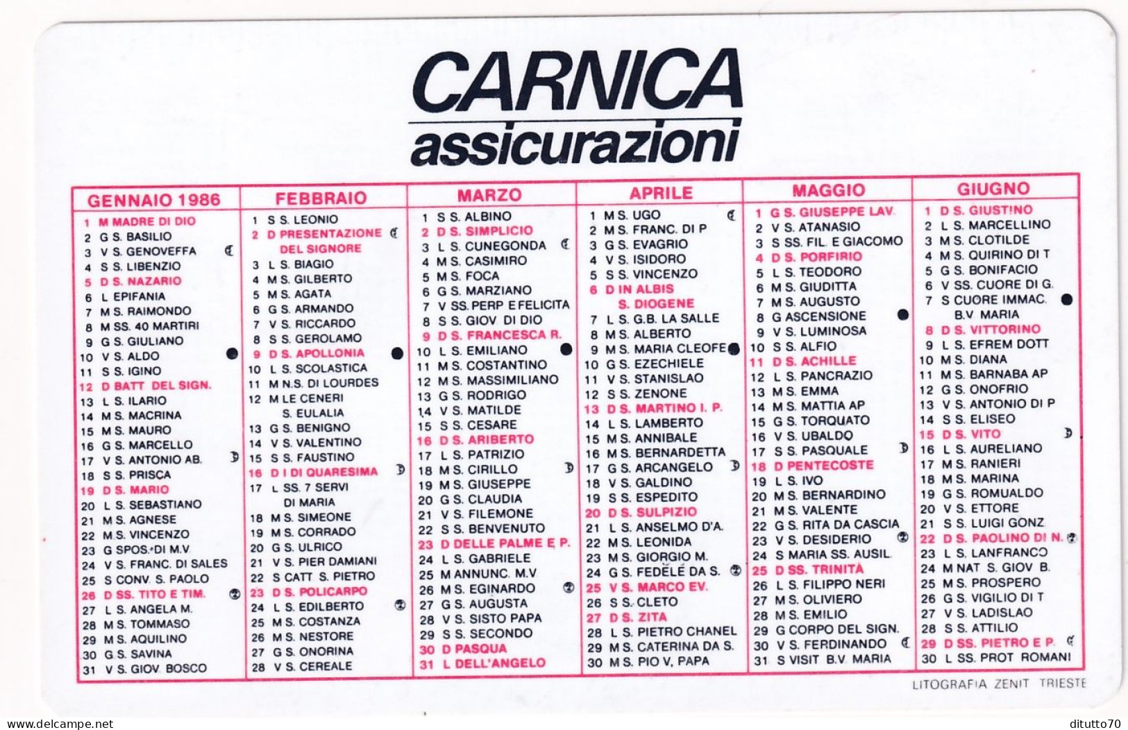 Calendarietto - Carnica - Assicurazioni - Anno 1986 - Petit Format : 1981-90