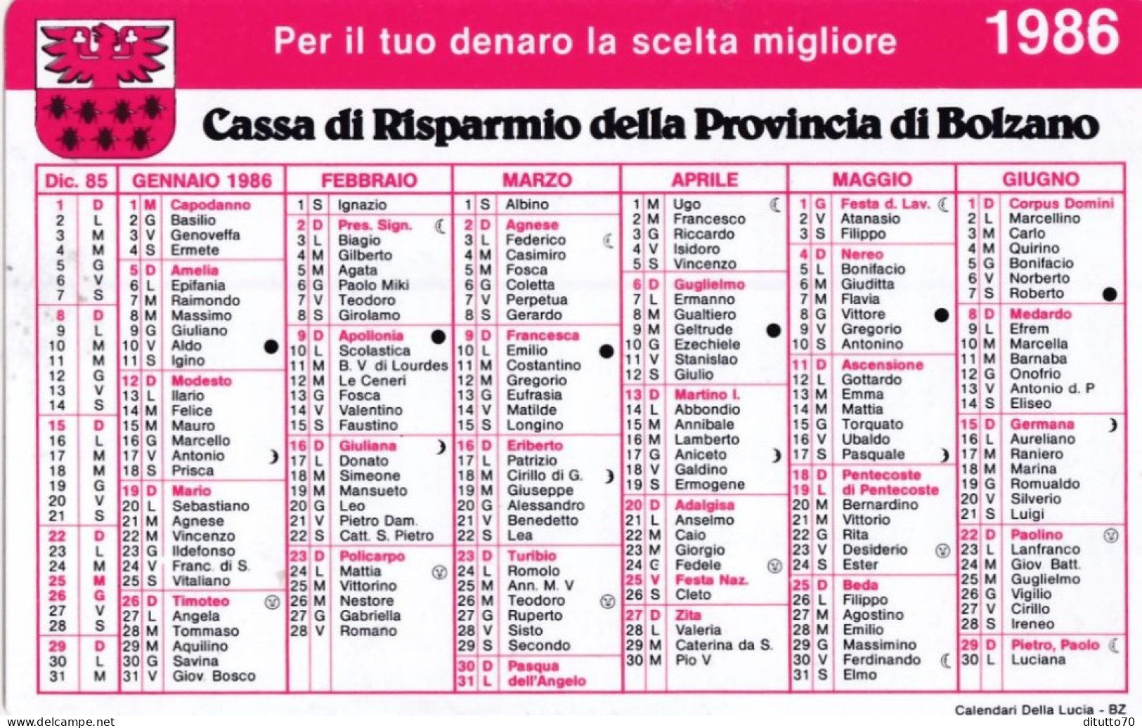 Calendarietto - Cassa Di Risparmio Della Provincia Di Bolzano - Anno 1986 - Small : 1981-90