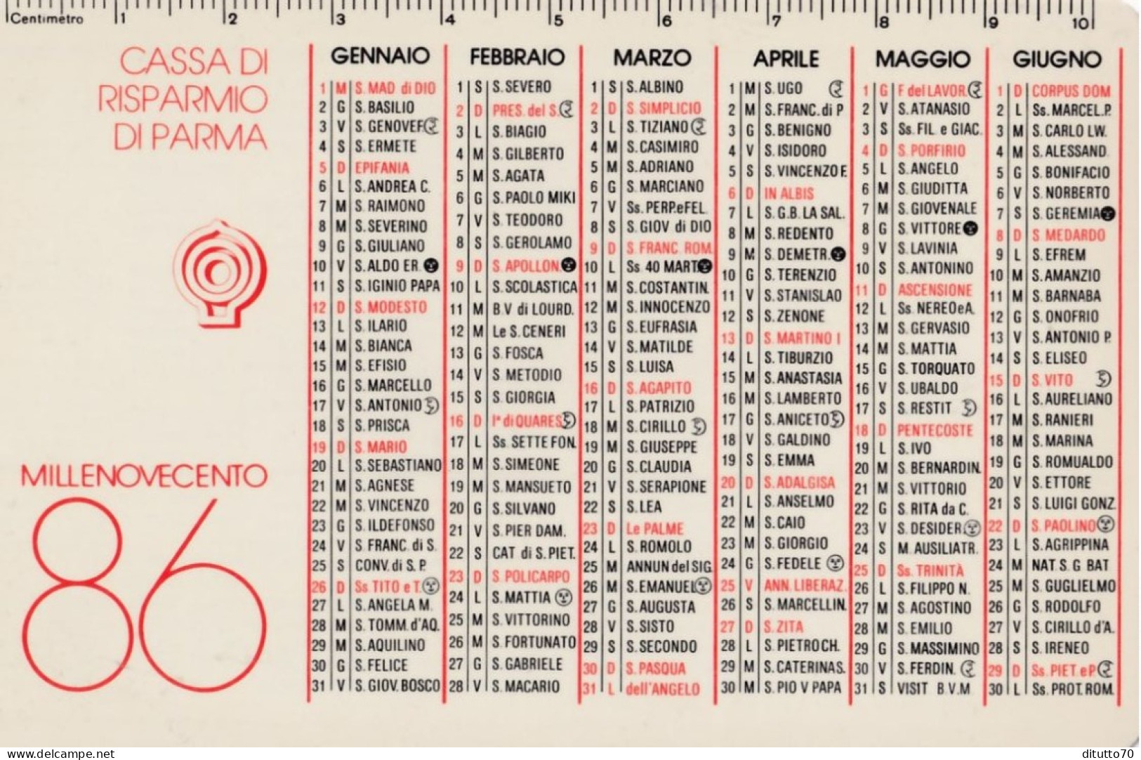 Calendarietto - Cassa Di Risparmio Di Parma - Anno 1986 - Small : 1981-90