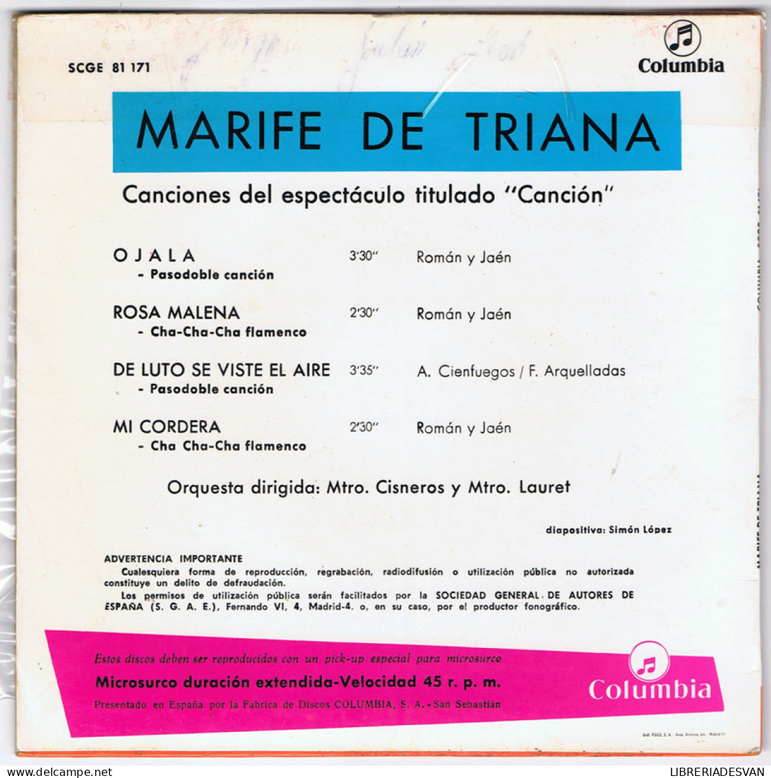 Marifé De Triana - Ojalá - Rosa Malena - De Luto Se Viste El Aire - Mi Cordera - EP - Zonder Classificatie