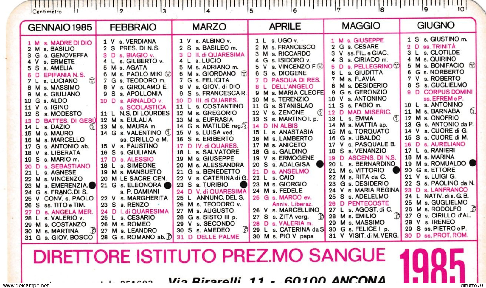 Calendarietto - Direzione Istituto Prez.mo Sangue - Ancona - Anno 1985 - Small : 1981-90