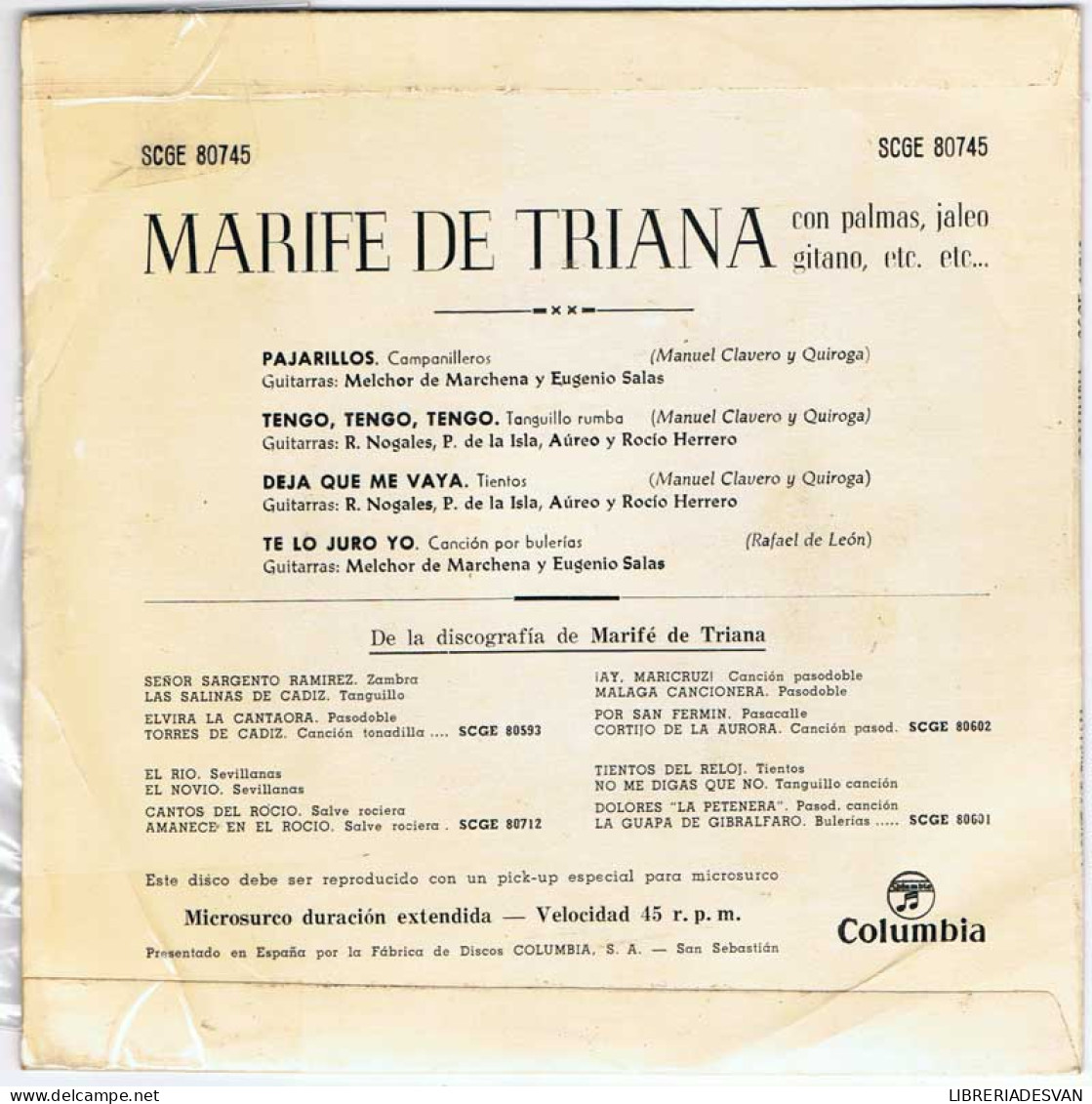 Marife De Triana - Pajarillos / Tengo, Tengo, Tengo / Deja Que Me Vaya / Te Lo Juro Yo - EP - Zonder Classificatie