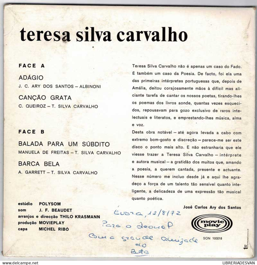 Teresa Silva Carvalho - Adagio. Cançao Grata. Balada Para Un Súbdito. Barca Bela. EP - Non Classificati