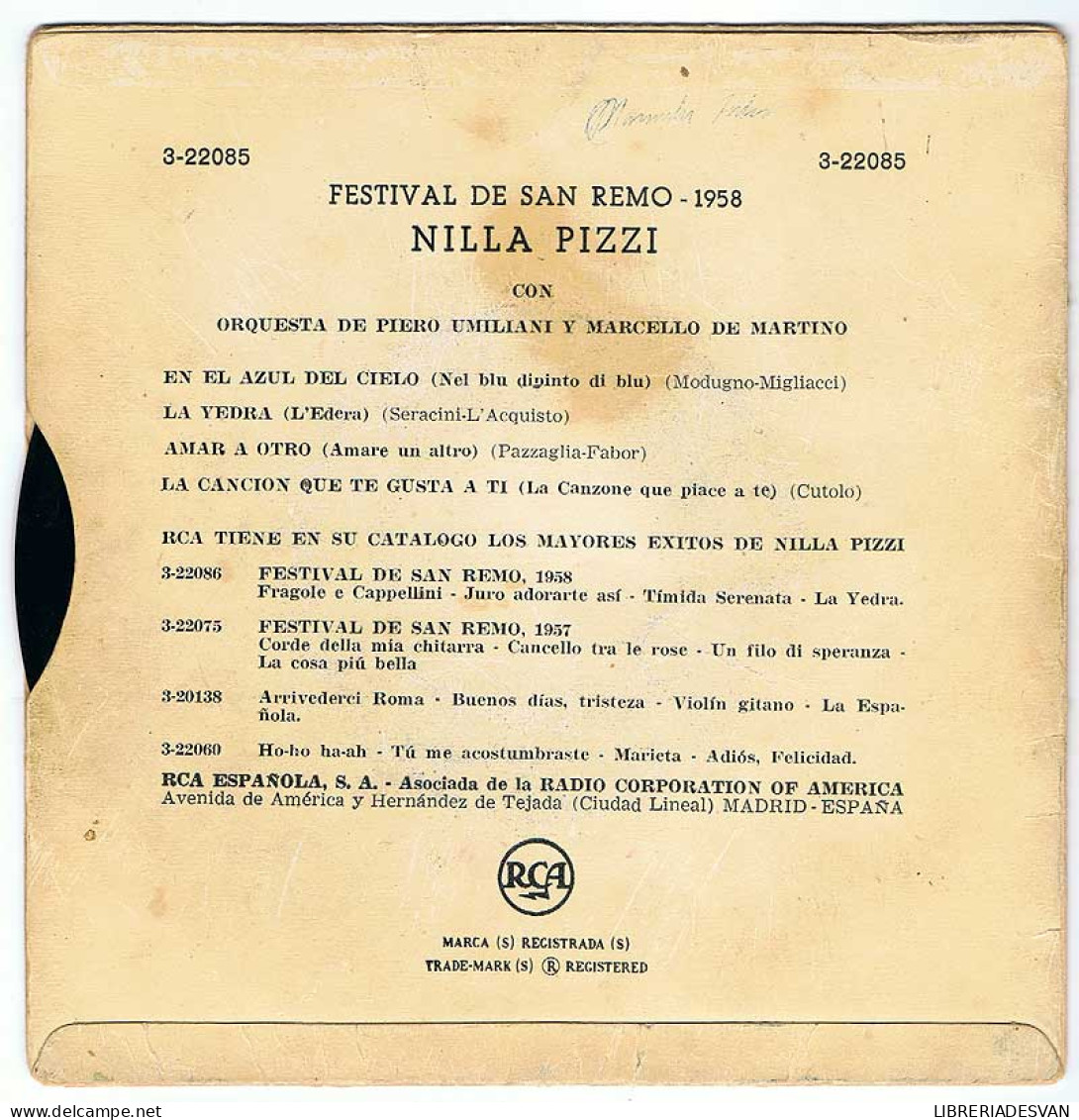 Festival De San Remo 1958. Nilla Pizzi Canta En El Azul Del Cielo + 3. EP - Ohne Zuordnung