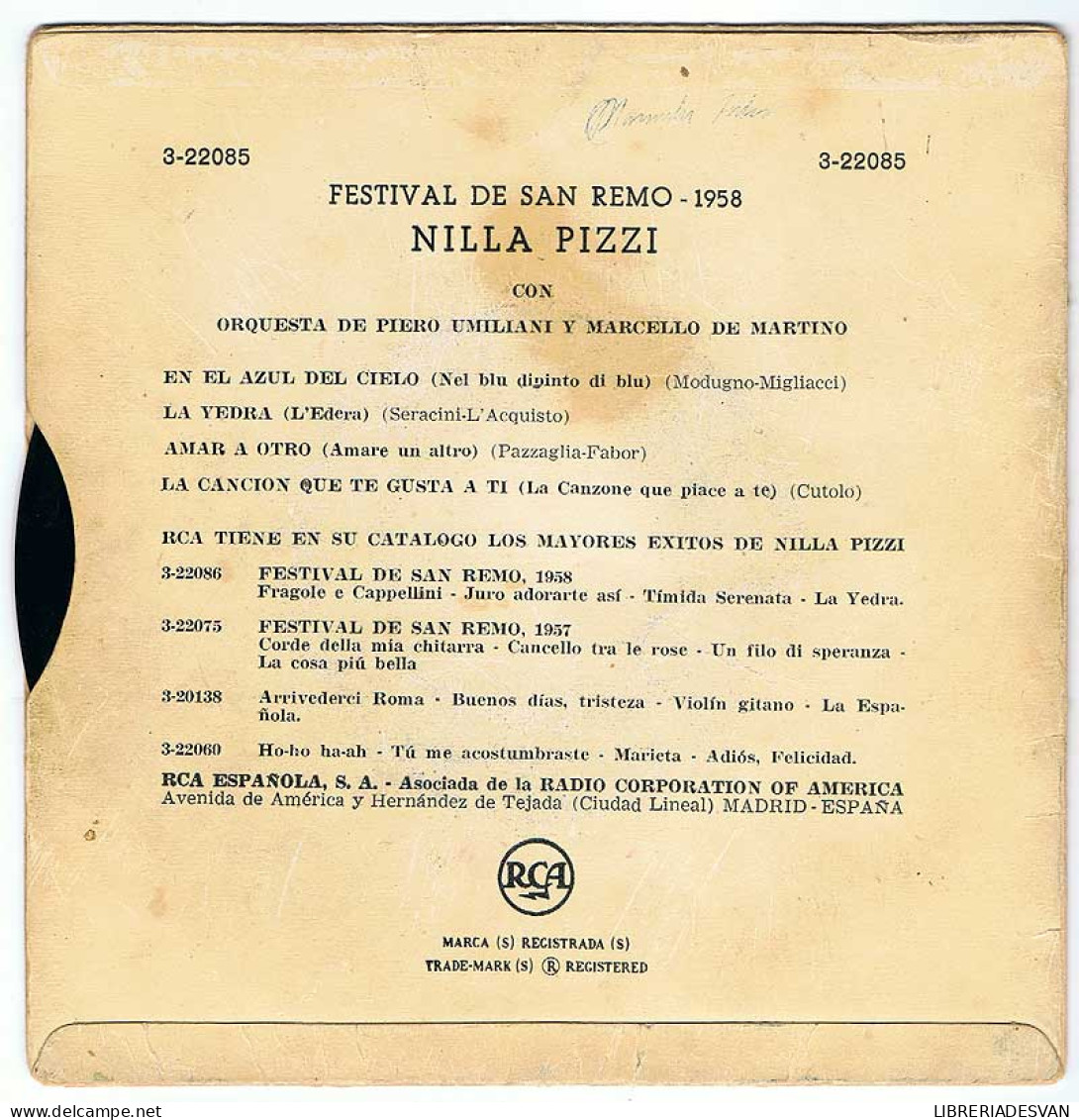 Festival De San Remo 1958. Nilla Pizzi Canta En El Azul Del Cielo + 3. EP - Sin Clasificación