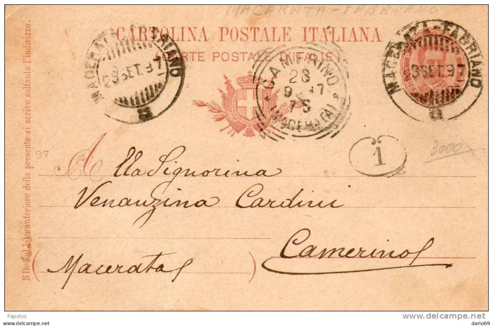 1897 CARTOLINA CON ANNULLO AMB. MACERATA - FABRIANO - Entiers Postaux