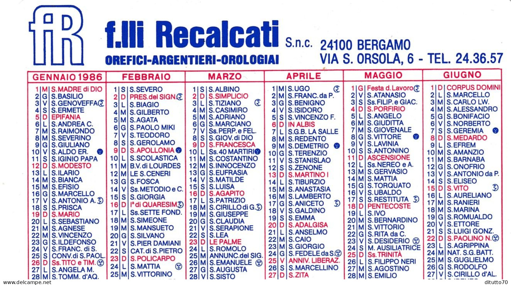 Calendarietto - F.lli Recalcati - Orefici - Argenteria - Orologi - Bergamo - Anno 1986 - Petit Format : 1981-90