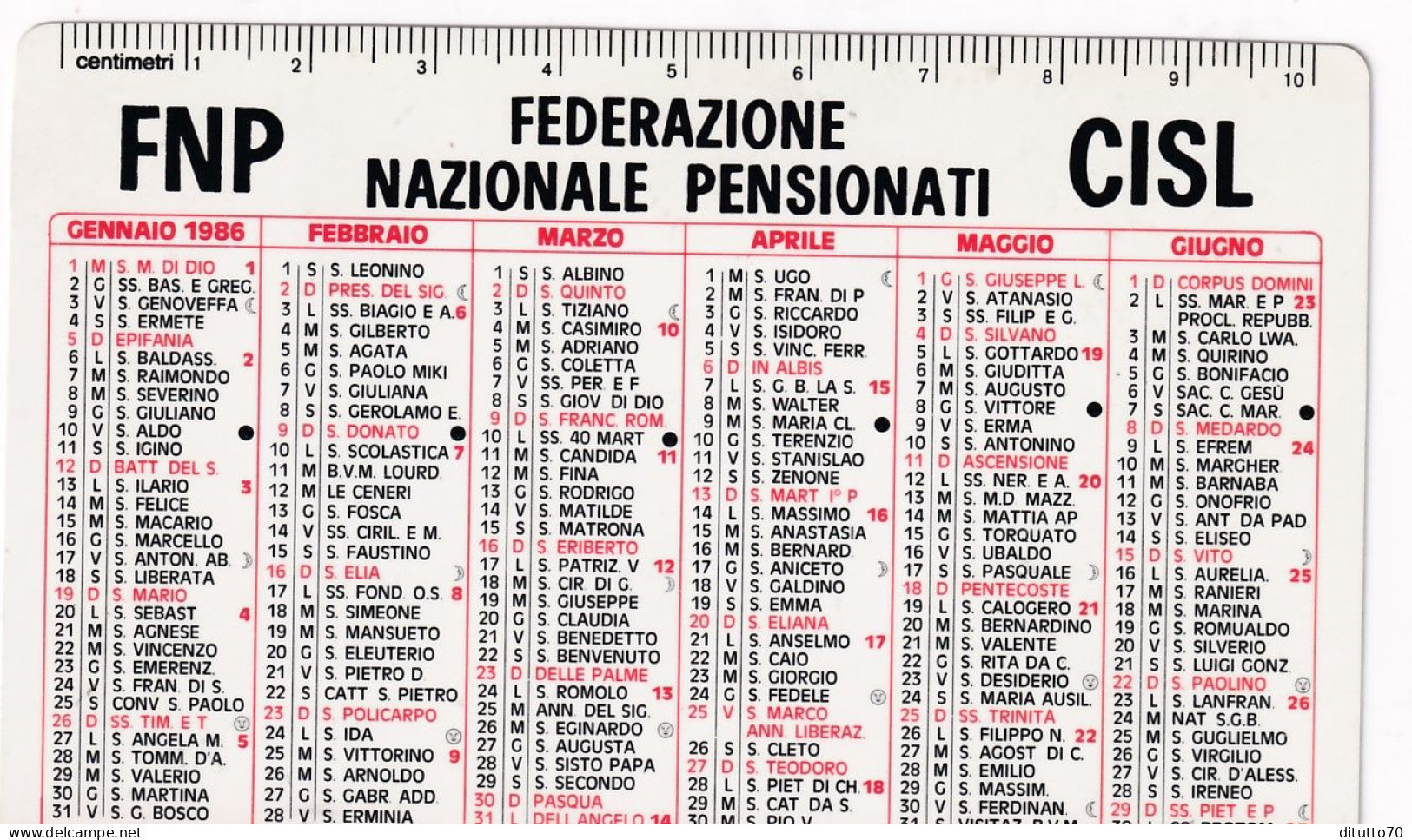 Calendarietto - FNP Federazione Nazionale Pensionati CISL - Roma - Anno 1986 - Petit Format : 1981-90