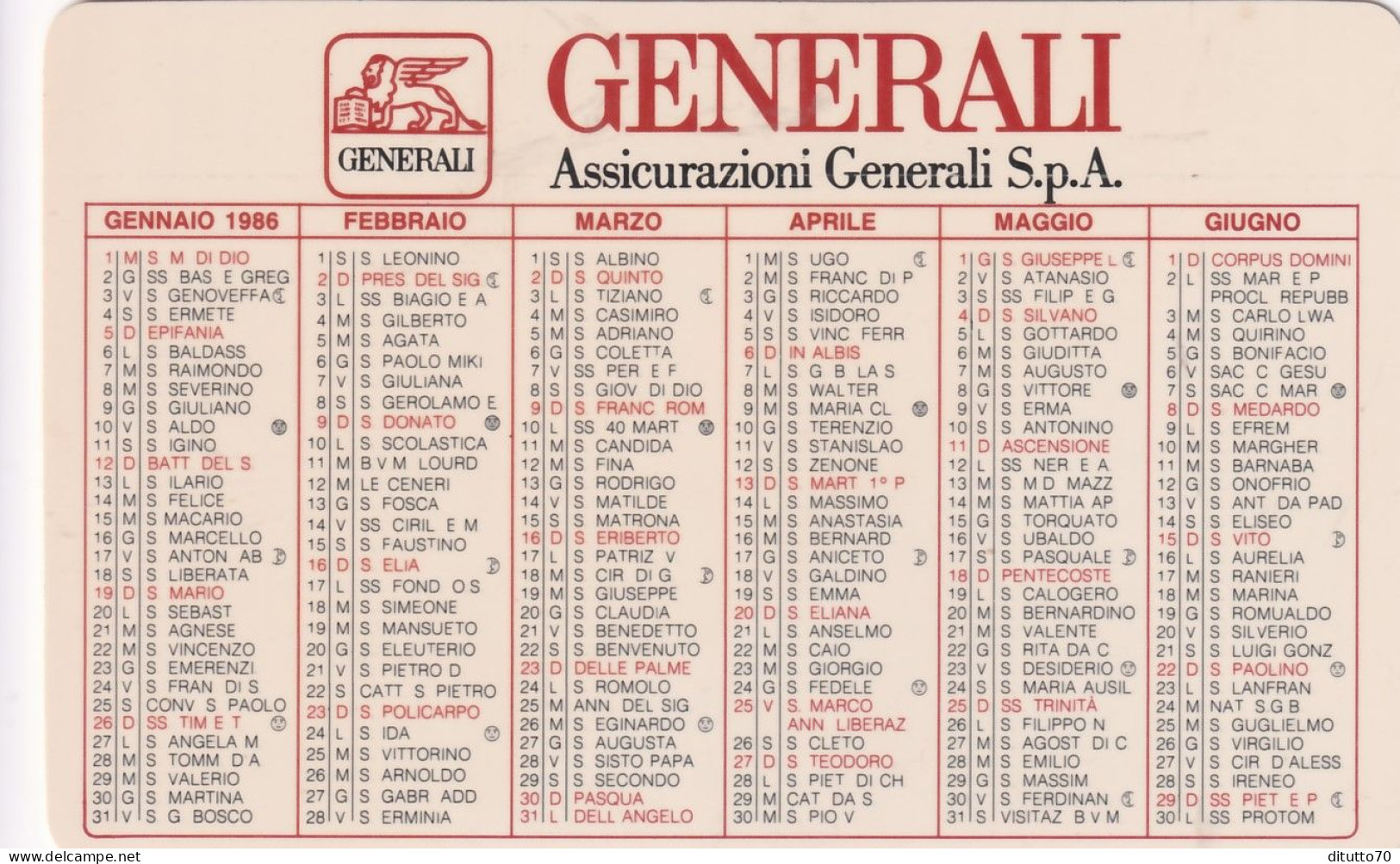 Calendarietto - Generali - Assicurazioni Generali S.p.a. - Anno 1986 - Small : 1981-90