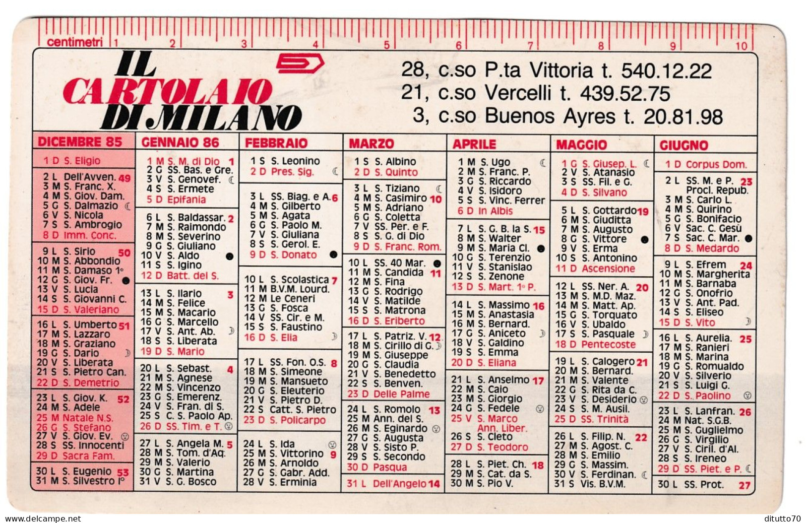 Calendarietto - Il Cartolaio Di Milano - Anno 1986 - Small : 1981-90