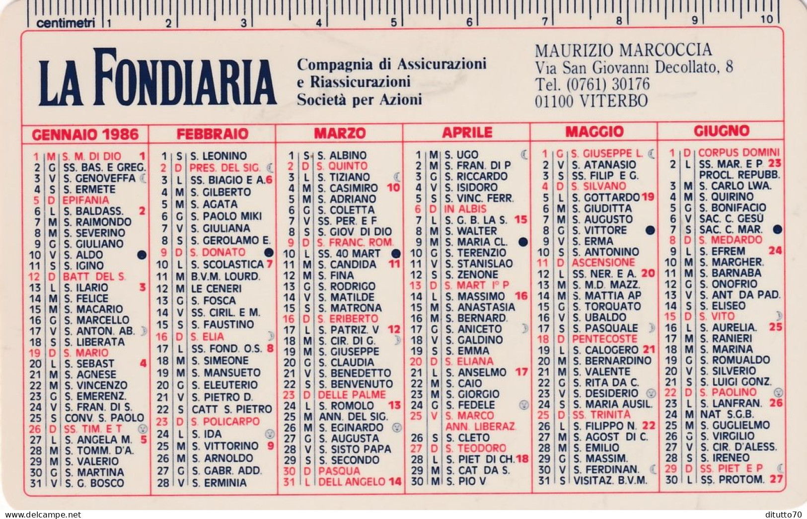 Calendarietto - La Fondiaria - Compagnia Di Assicurazioni - Viterbo - Anno 1986 - Petit Format : 1981-90