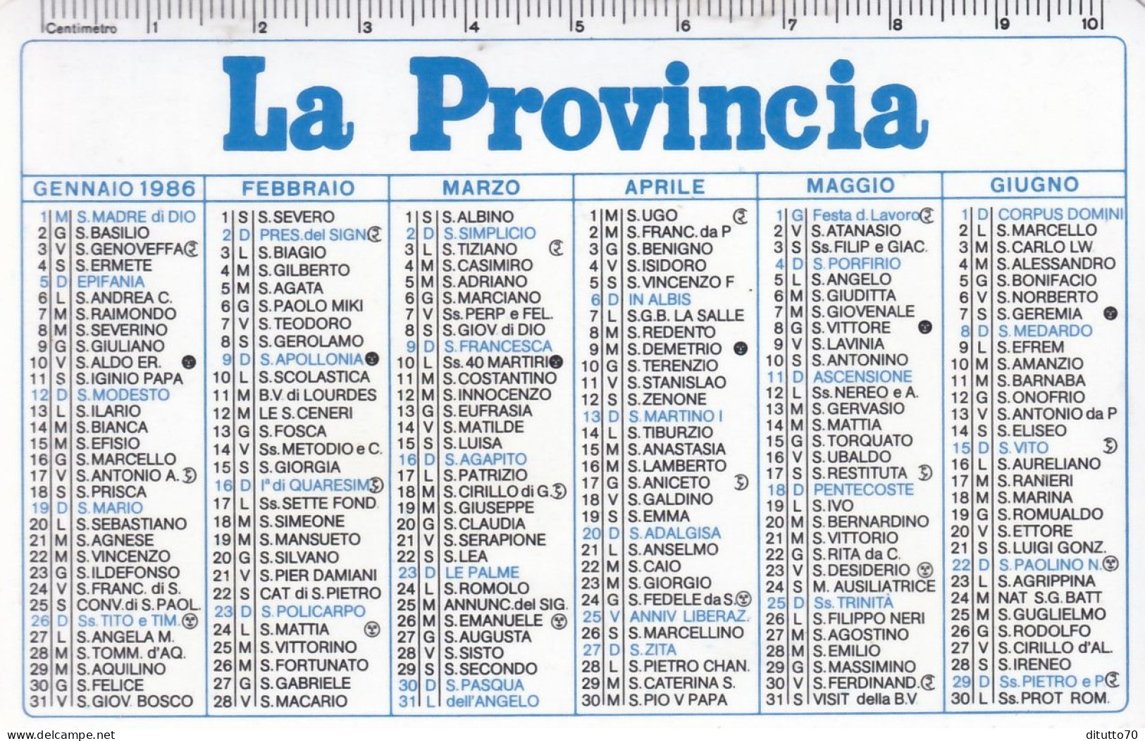 Calendarietto - La Provincia - Anno 1986 - Petit Format : 1981-90