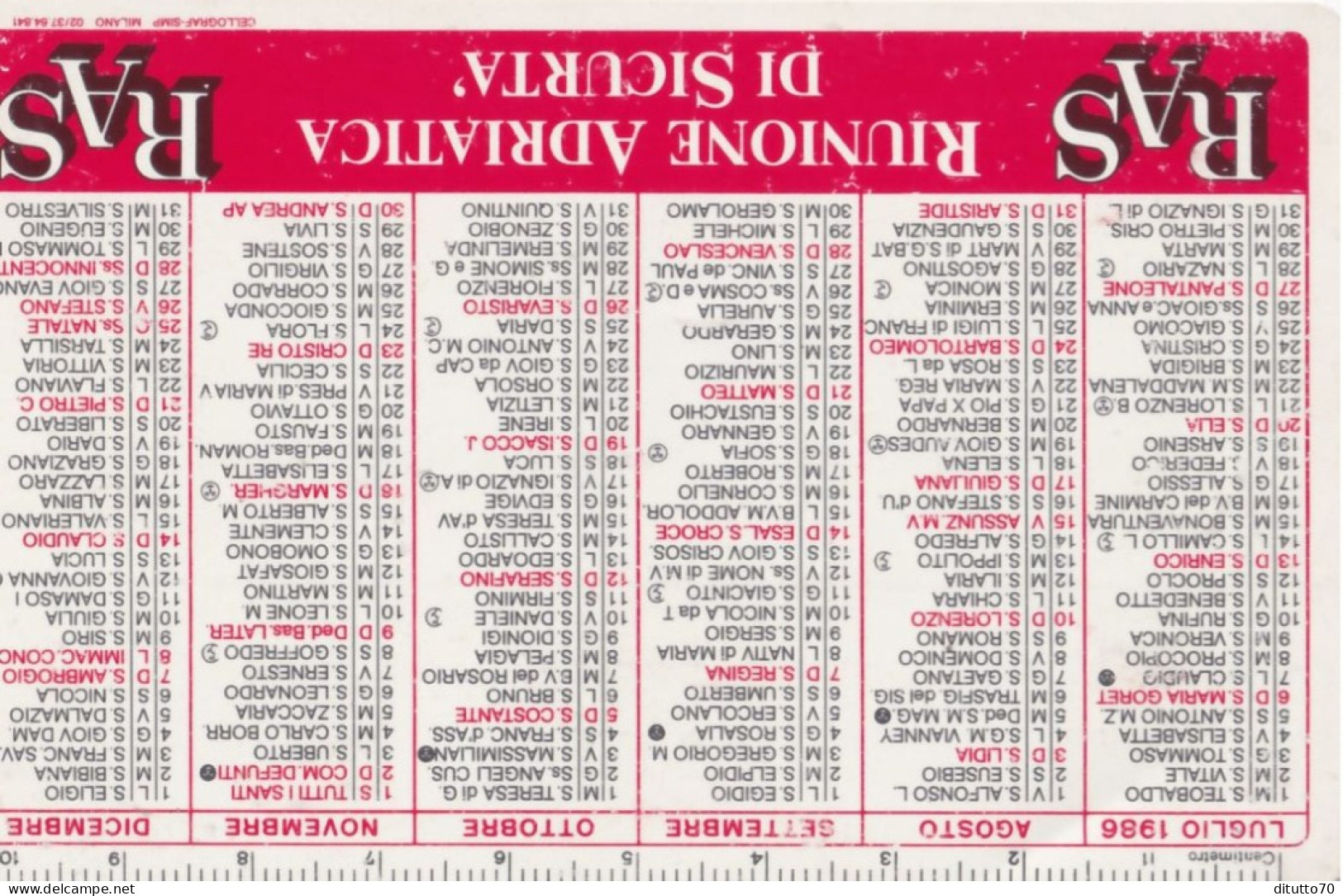 Calendarietto - RAS - Riunione Adriatica Di Sicurta - Anno 1986 - Petit Format : 1981-90