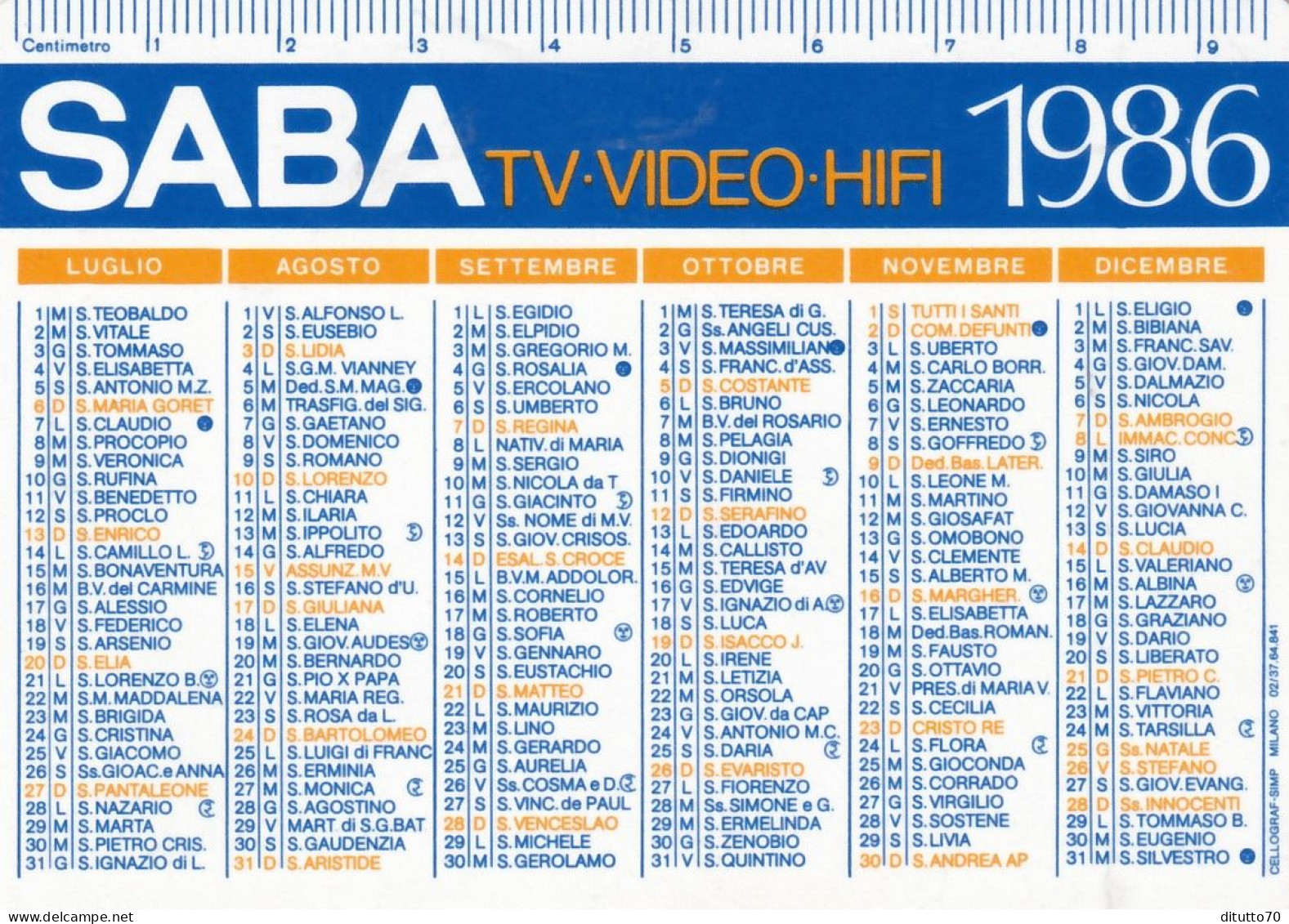 Calendarietto - SABA - Tv-video-hifi - Anno 1986 - Petit Format : 1981-90