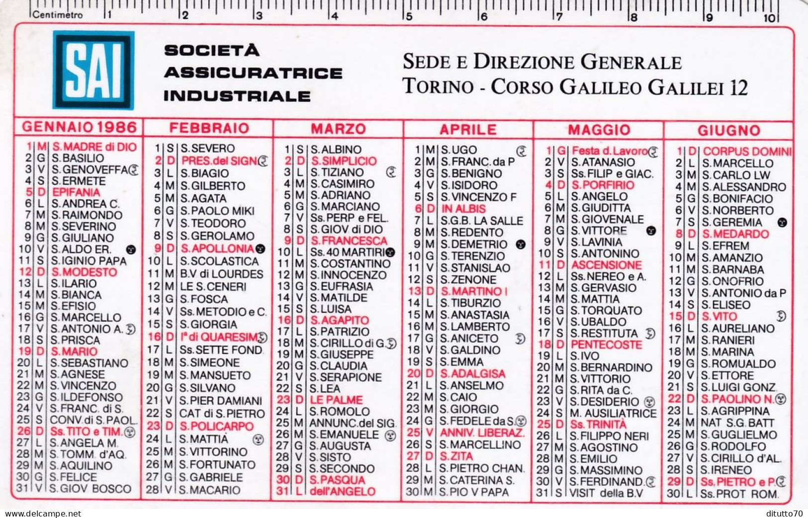 Calendarietto - SAI - Società Assicuratrice Industriale - Torino - Anno 1986 - Petit Format : 1981-90
