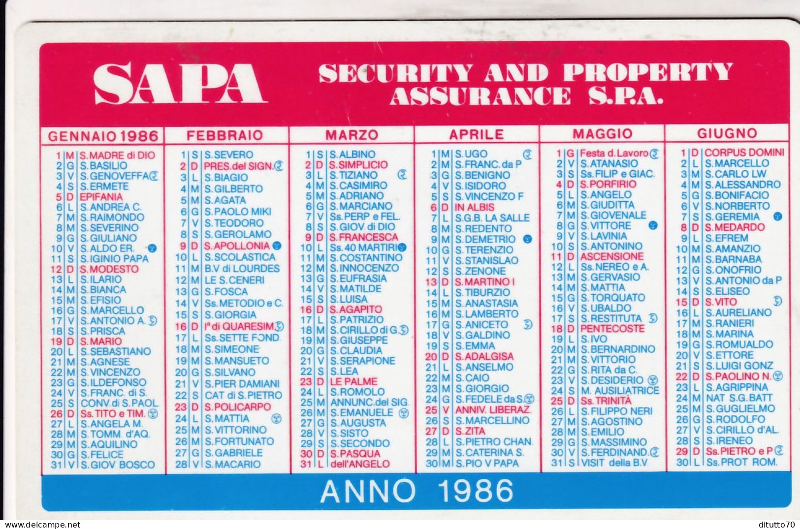 Calendarietto - SAPA - Security And Property Assurance S.p.a. - Anno 1986 - Petit Format : 1981-90