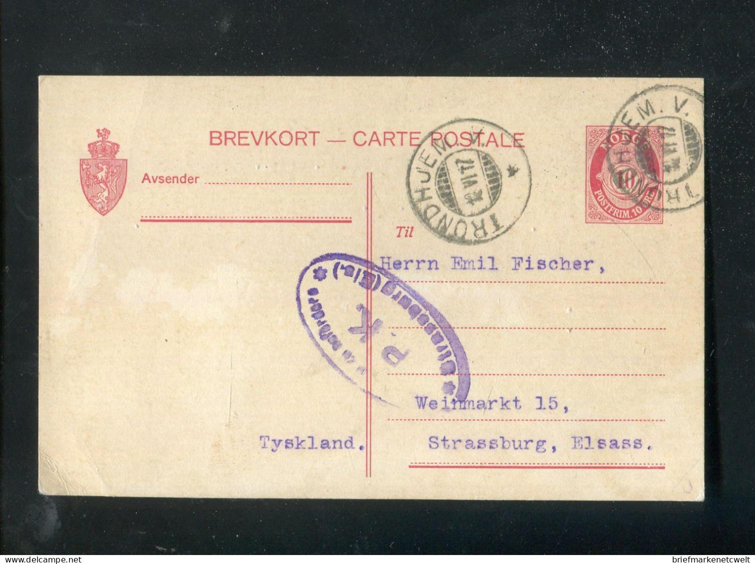 "NORWEGEN" 1917, Postkarte Mit "ZENSUR" Ex Drontheim Nach Strassburg (60138) - Entiers Postaux