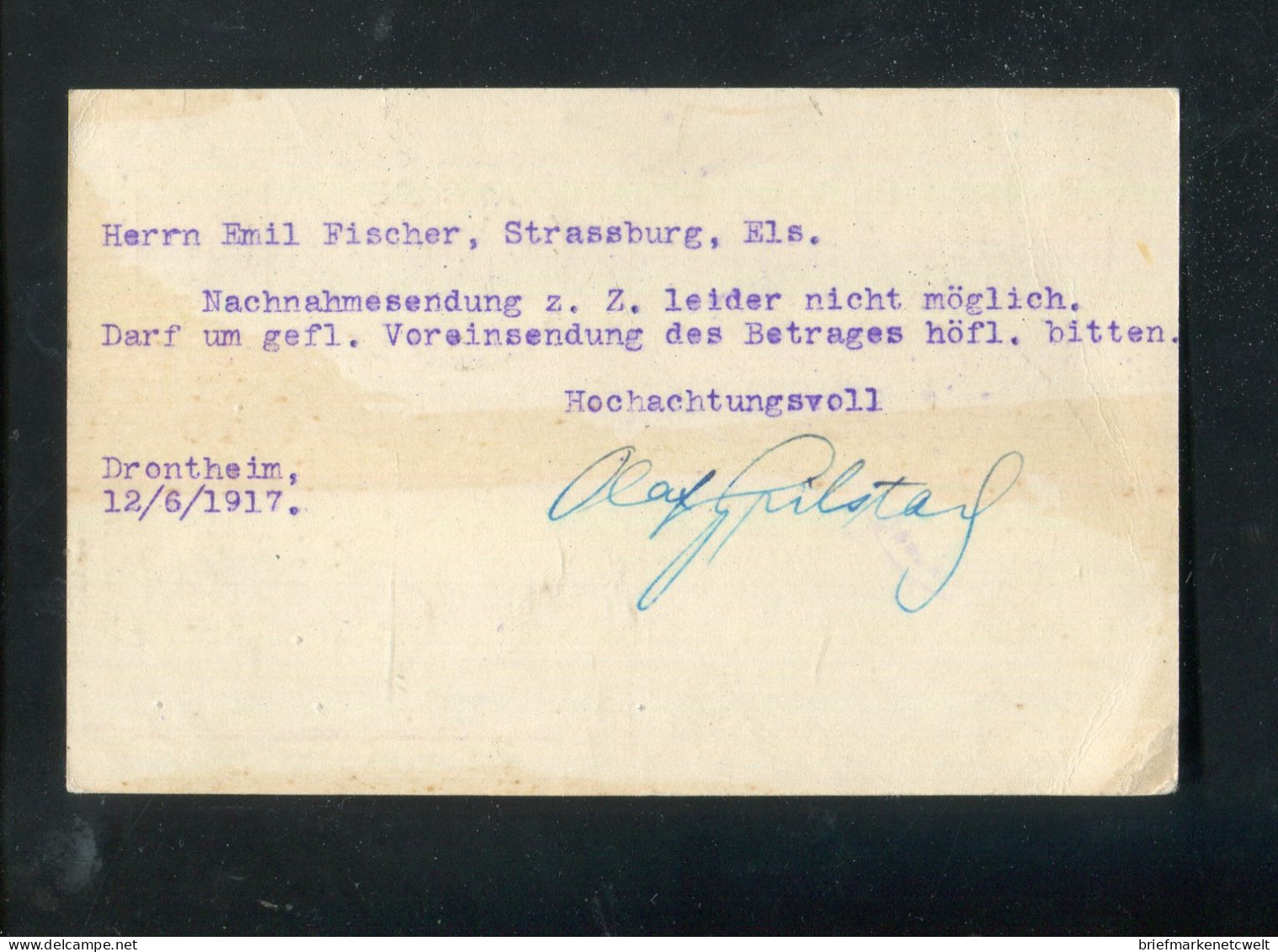 "NORWEGEN" 1917, Postkarte Mit "ZENSUR" Ex Drontheim Nach Strassburg (60138) - Enteros Postales