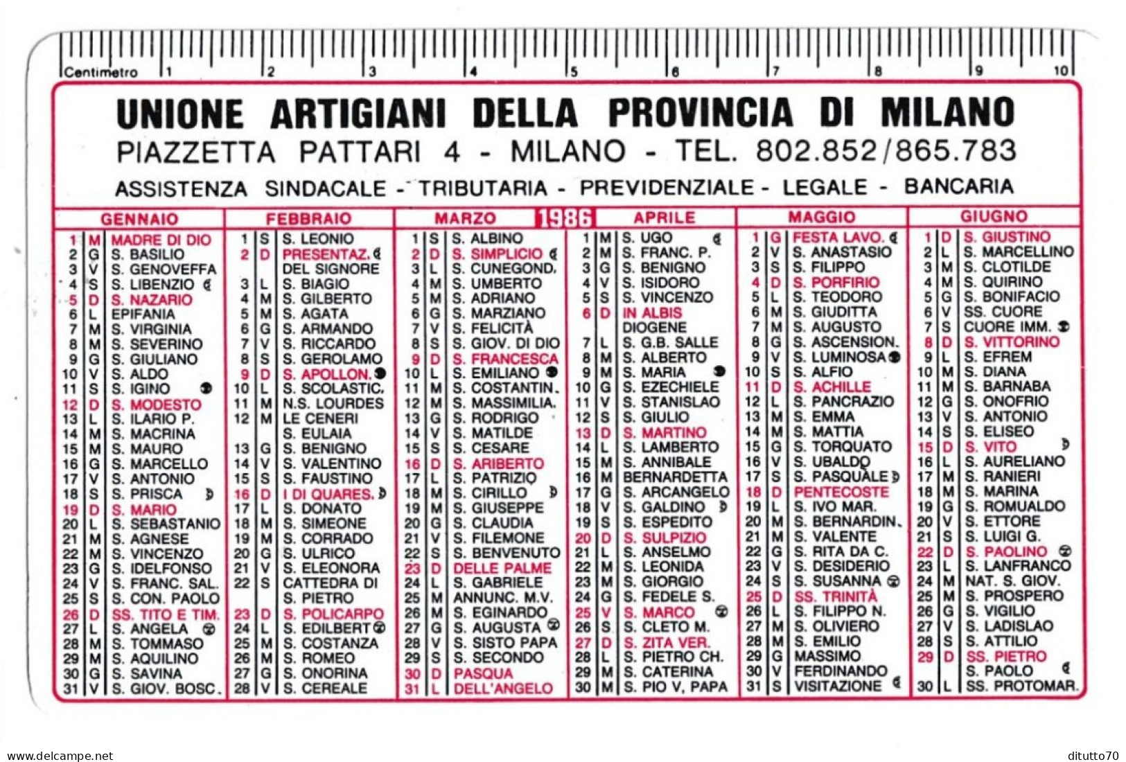 Calendarietto - Unione Artigiani Della Provincia Di Milano - Anno 1986 - Small : 1981-90