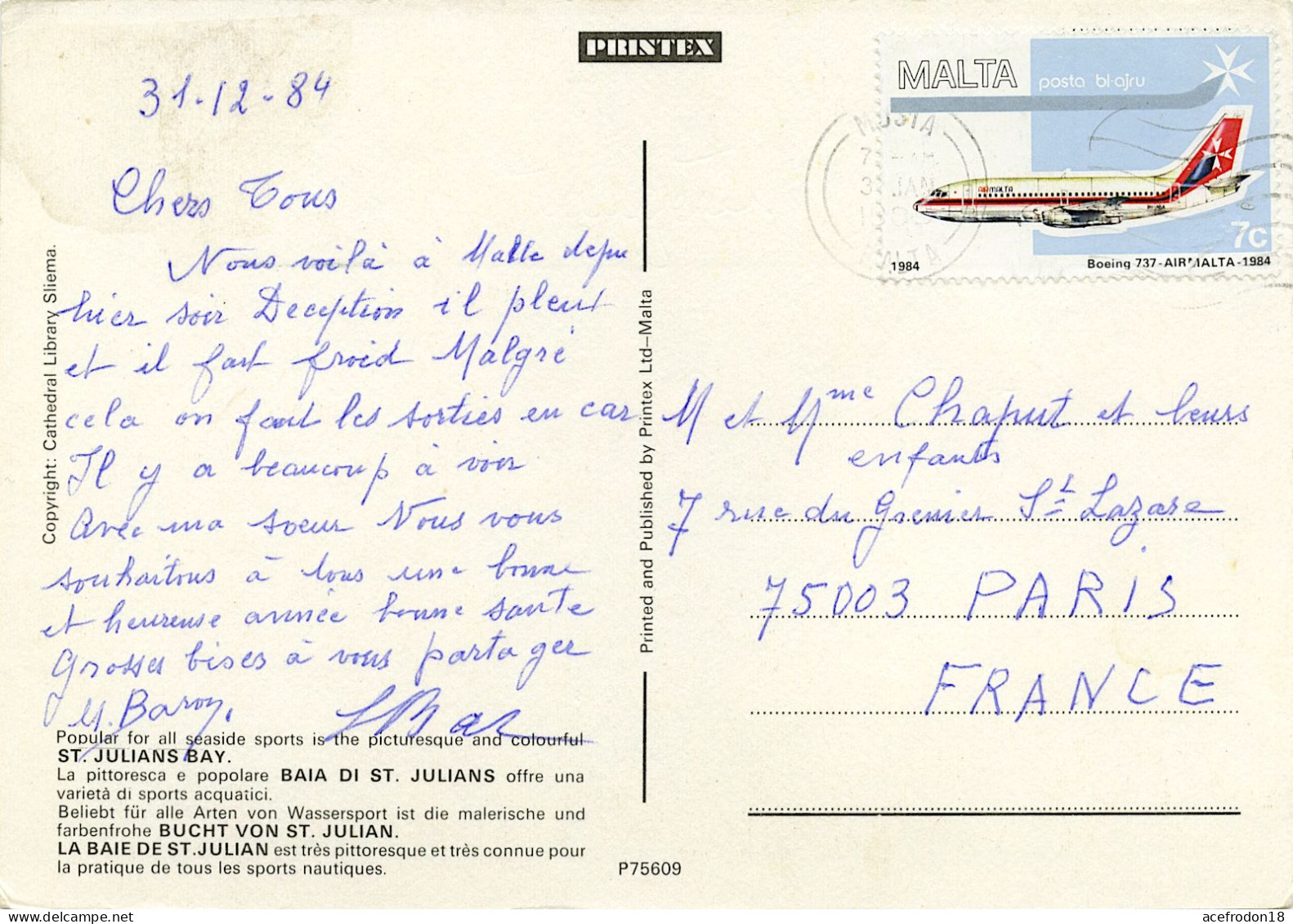 CP Postée De Malte Pour Paris - Timbre Boeing 737 1984 - Malte