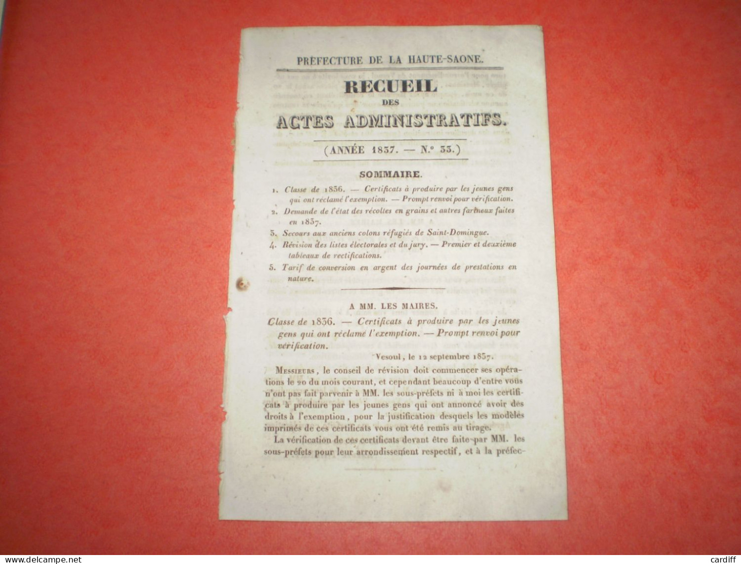 Vesoul 1837: Recensement Récolte Des Grains; Secours Aux Anciens Colons Réfugiés De St Domingue; Journées De Travail - Decrees & Laws