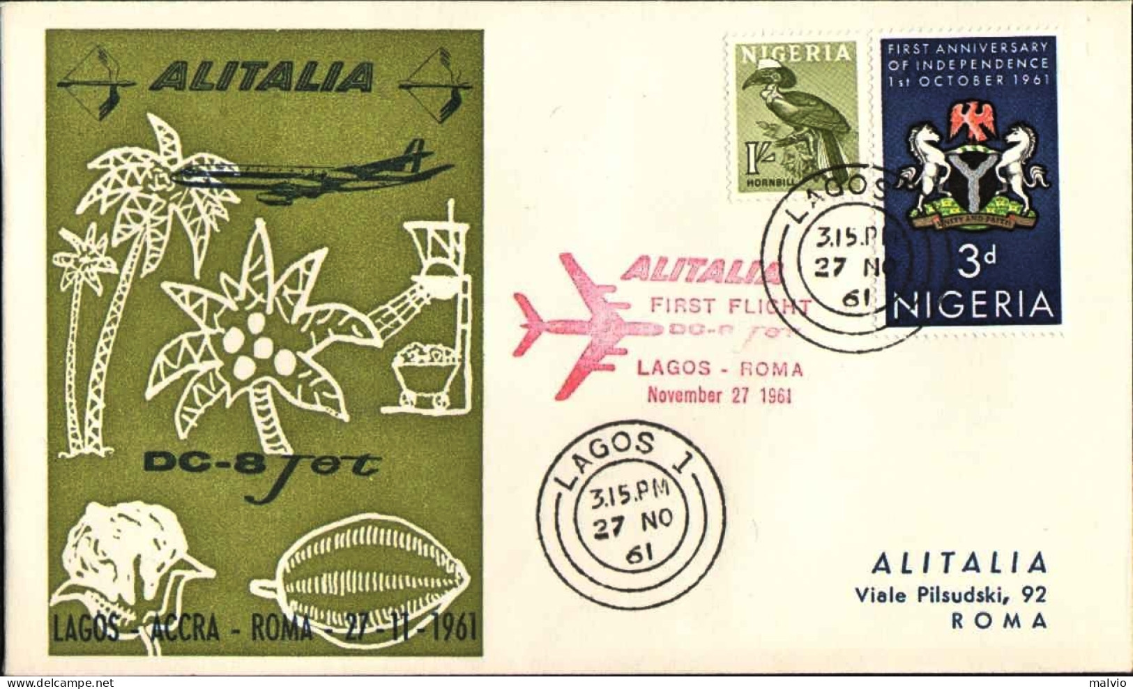 1961-Nigeria I Flight Alitalia DC8-Jet Lagos-Roma, Al Verso Bollo Meccanico D'ar - Nigeria (1961-...)